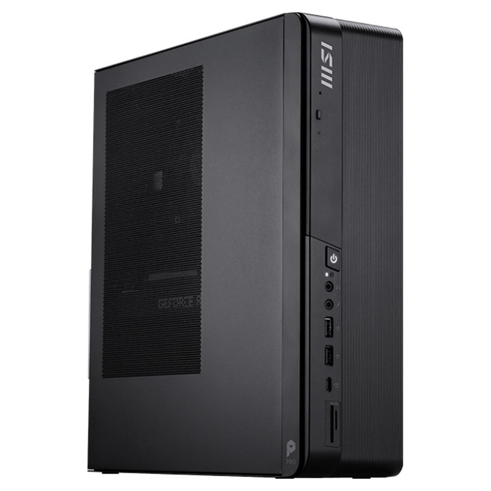 Case nero per mini PC con pannello frontale in rete e porte laterali.