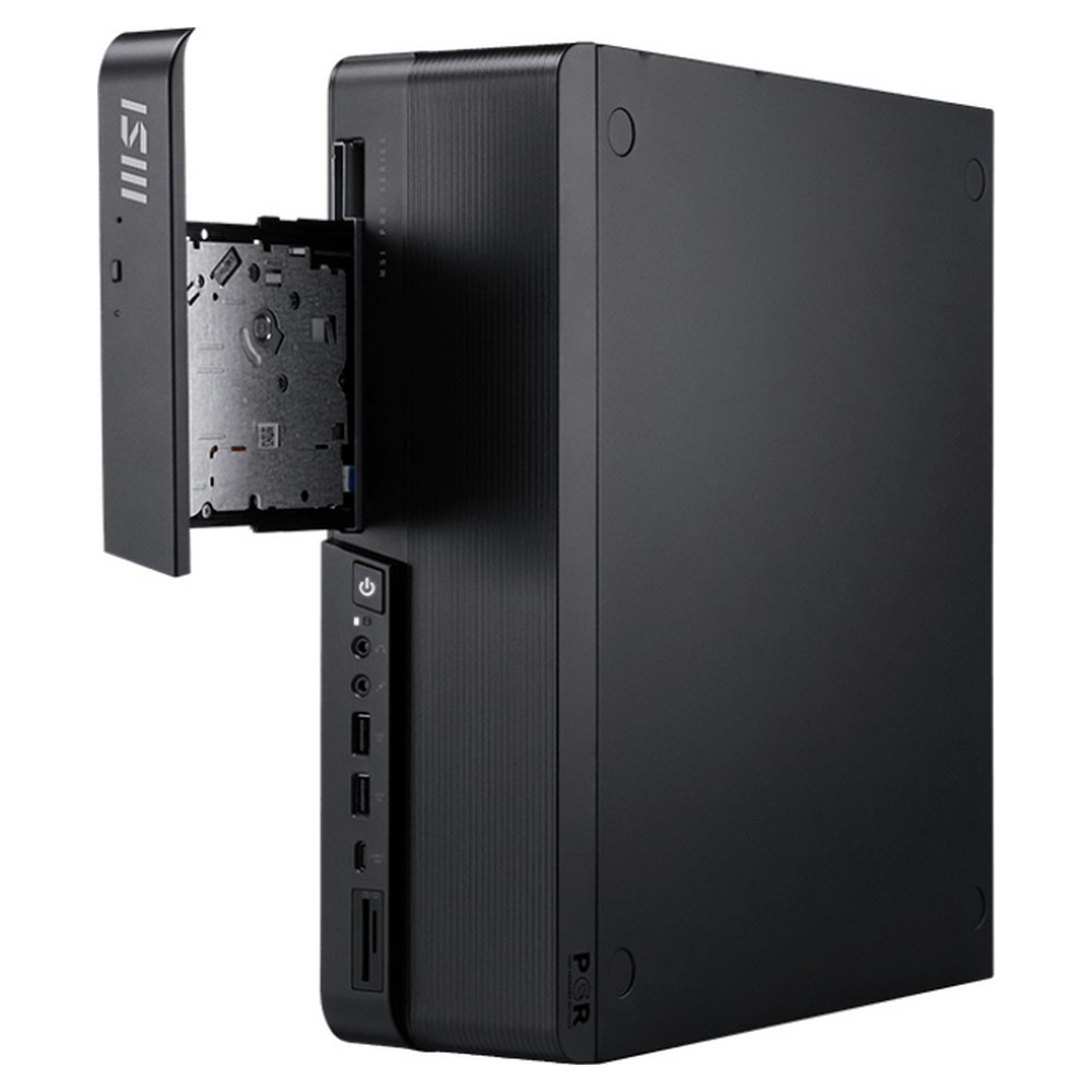Case del computer nero con pannello frontale aperto, che mostra porte e componenti.