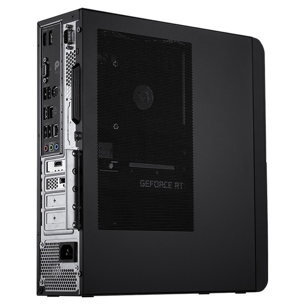 Case del computer nero con porte posteriori a sinistra e pannello a griglia a destra.