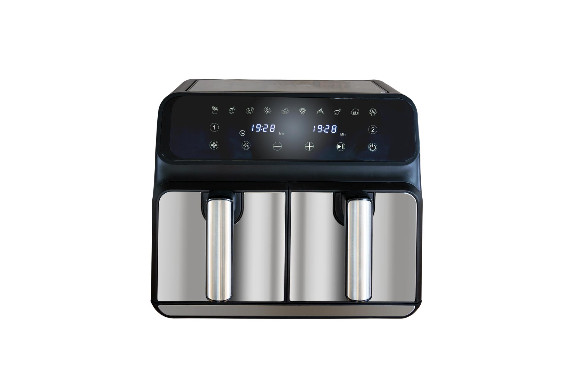 Podwójna frytkownica beztłuszczowa z cyfrowym wyświetlaczem i dwoma srebrnymi uchwytami.