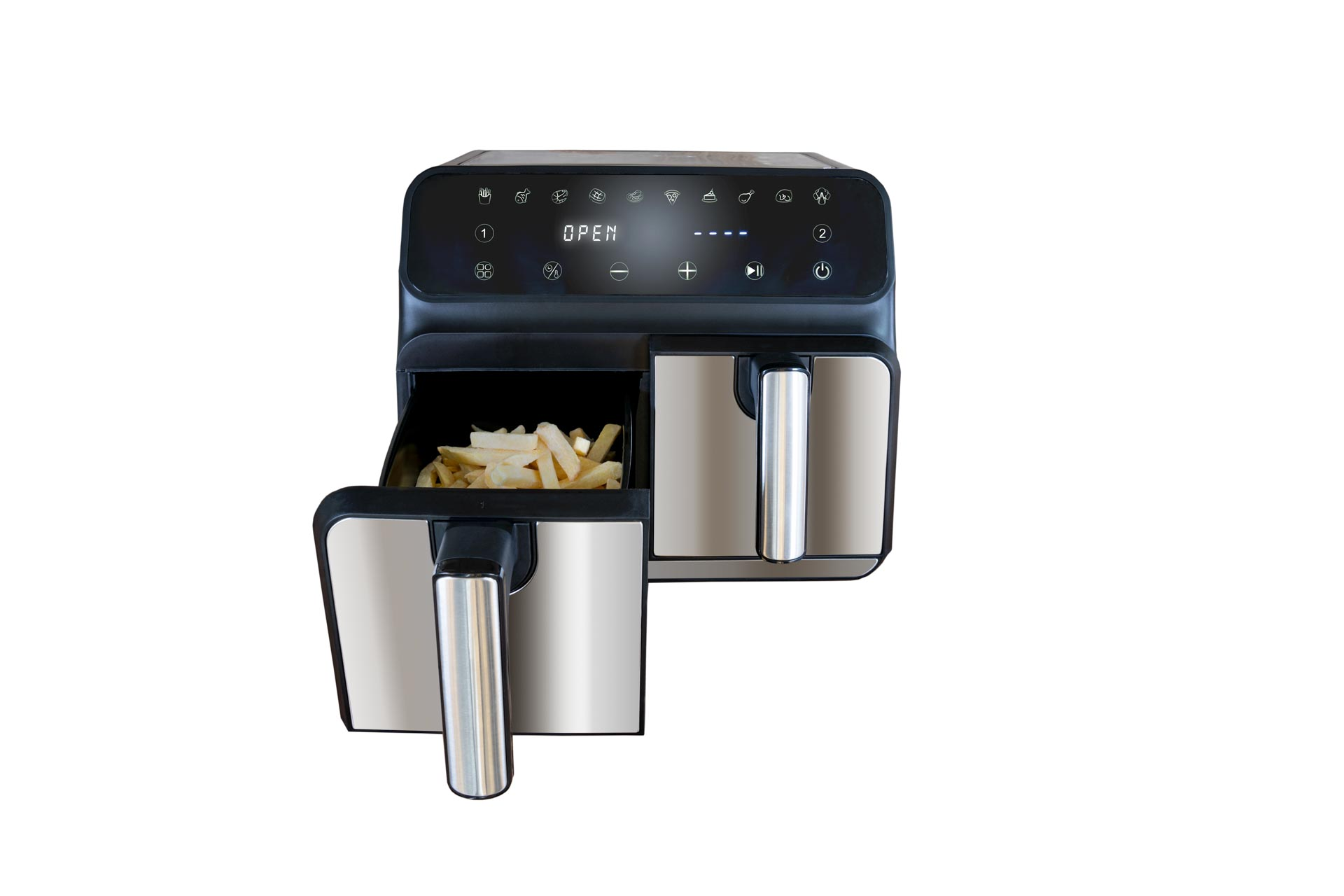 Srebrna frytkownica z otwartą szufladą pełną frytek.