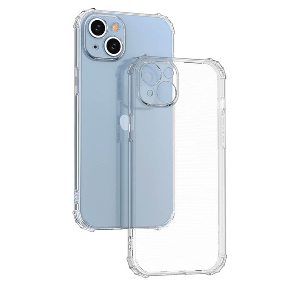 Una custodia trasparente per telefono giace accanto a uno smartphone blu.