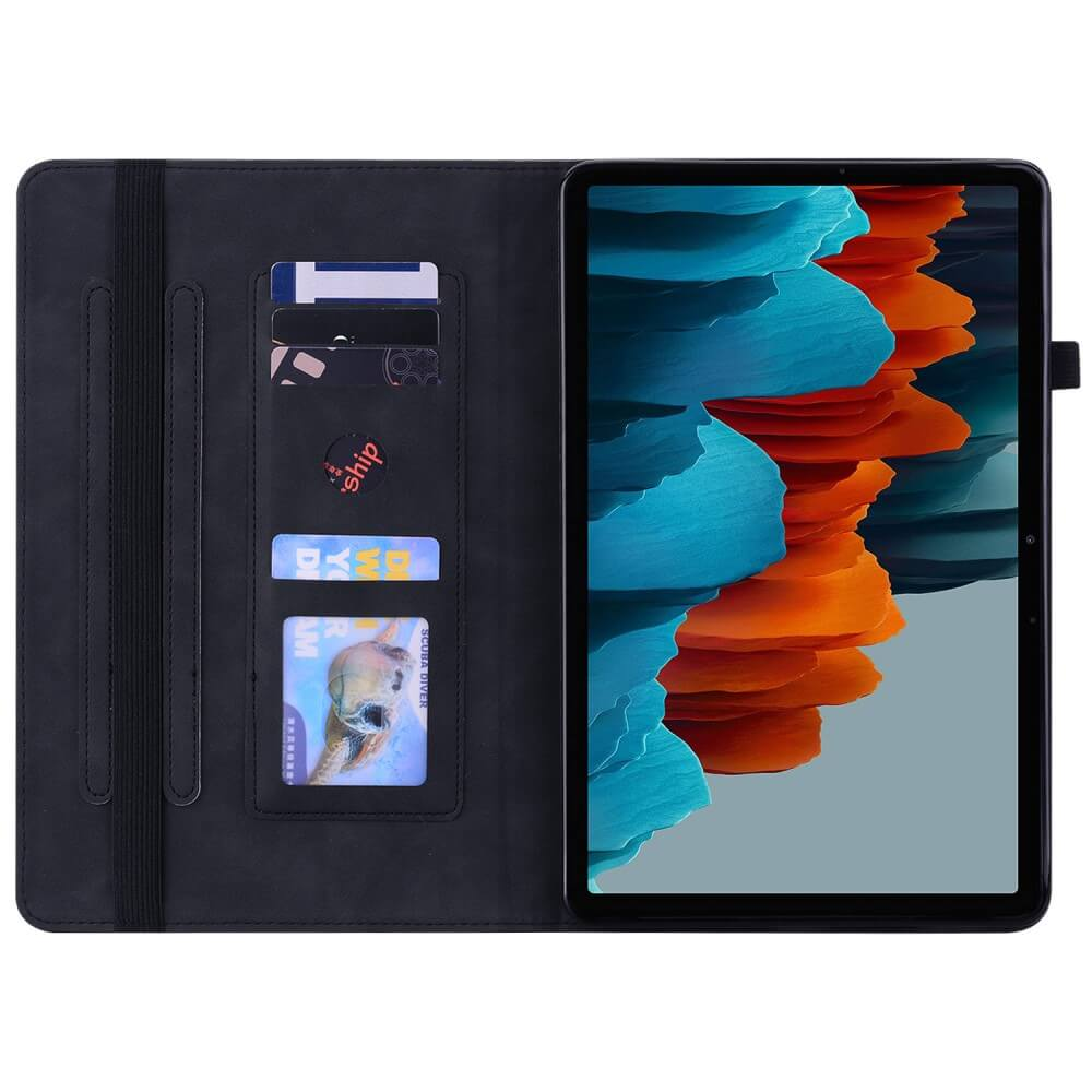 Ein schwarzes Tablet in einer Hülle mit Kartenfächern und einem bunten Hintergrundbild.