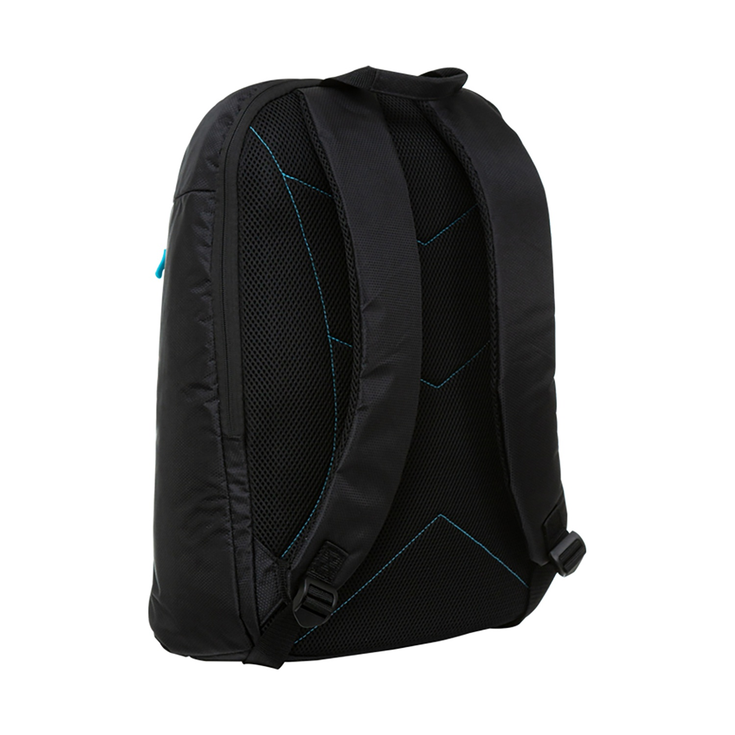 Mochila negra con costuras azules y acolchado de malla en la espalda.