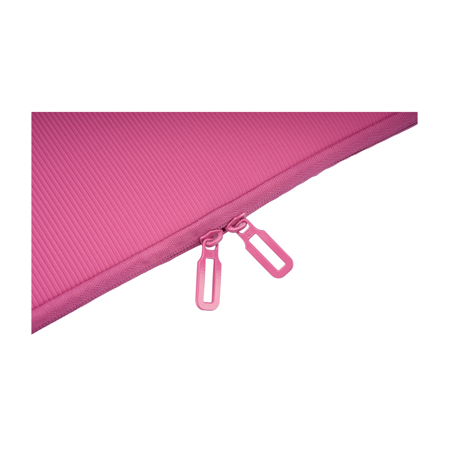 Close-up of a pink bag with two zipper pulls.