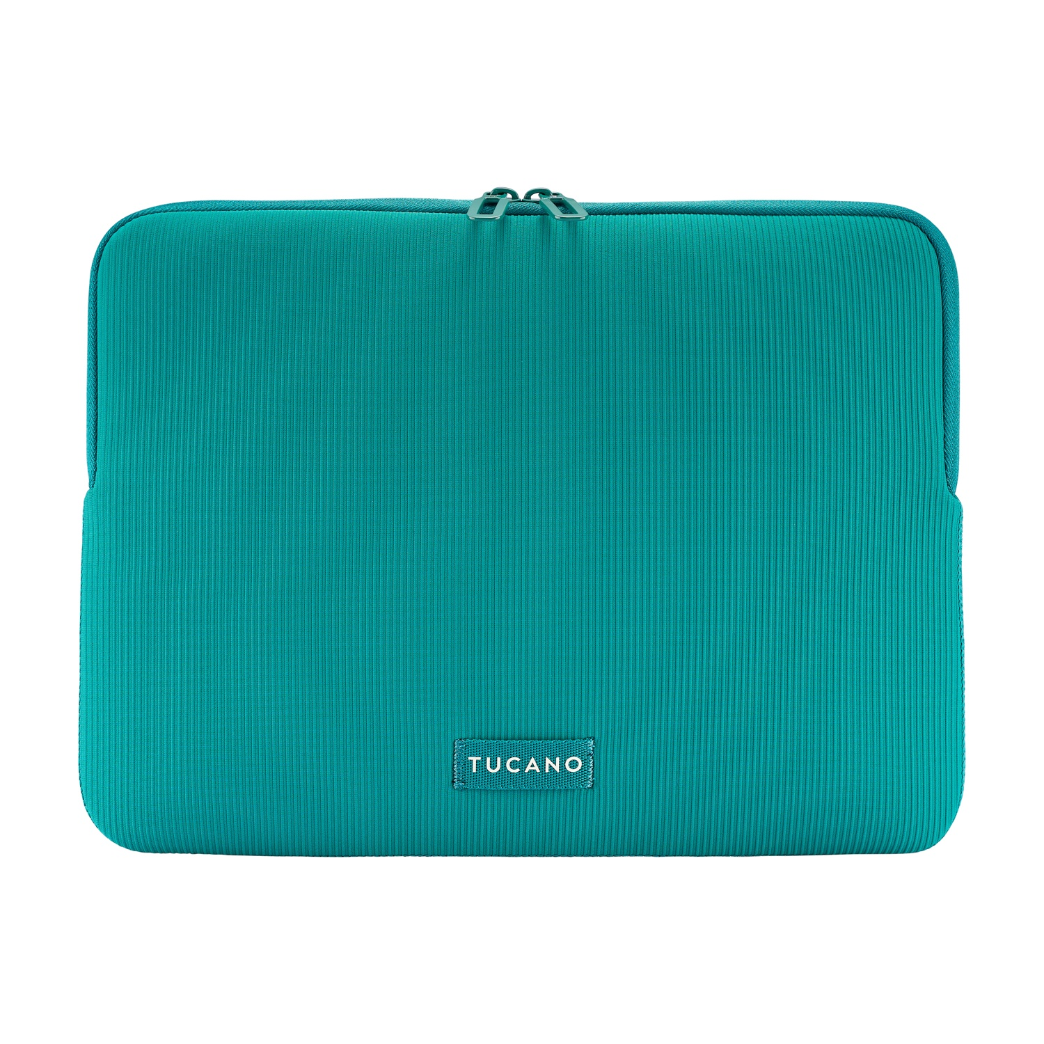 A teal laptop sleeve with a zipper and a Tucano logo.
