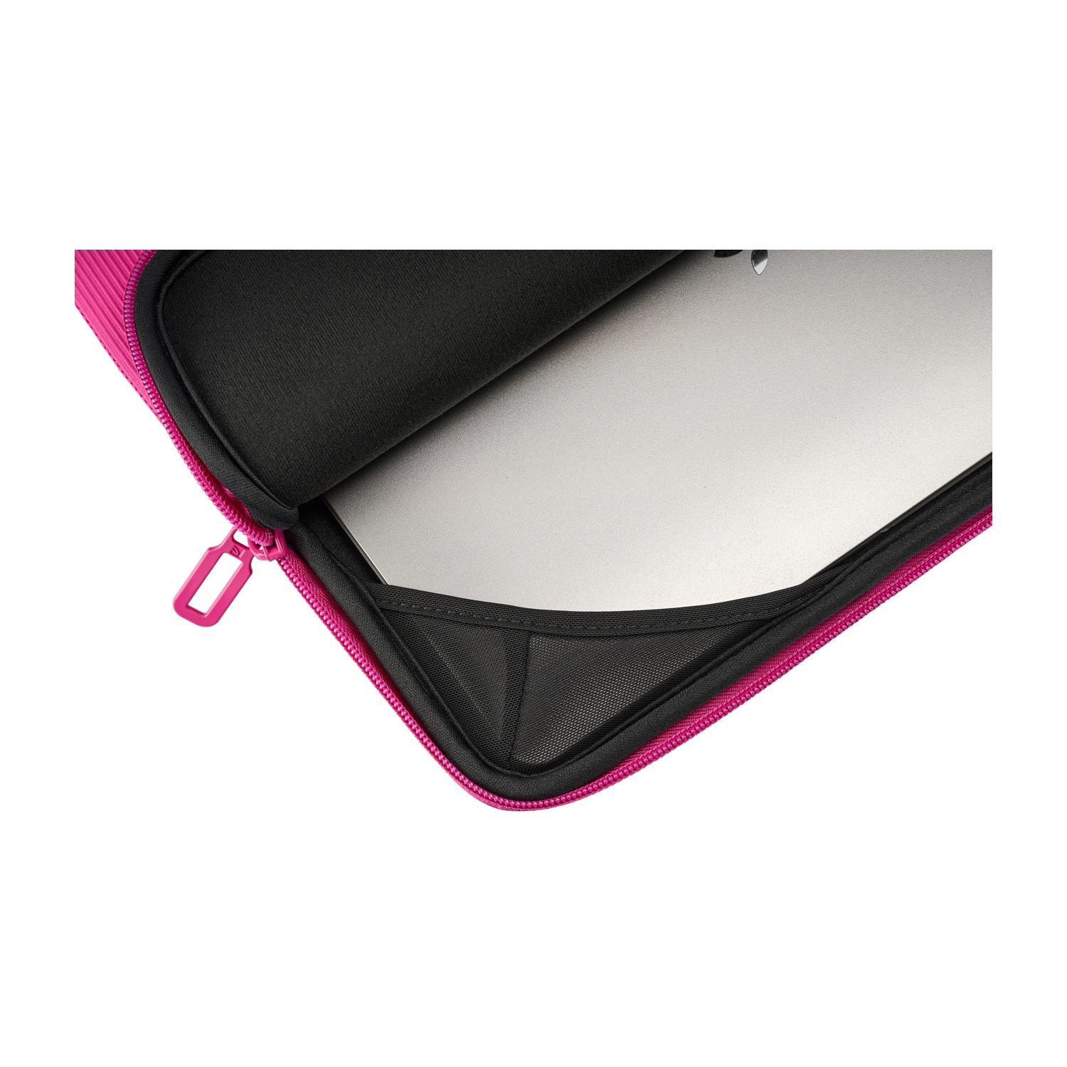 A silver laptop inside a pink case with a black zipper.