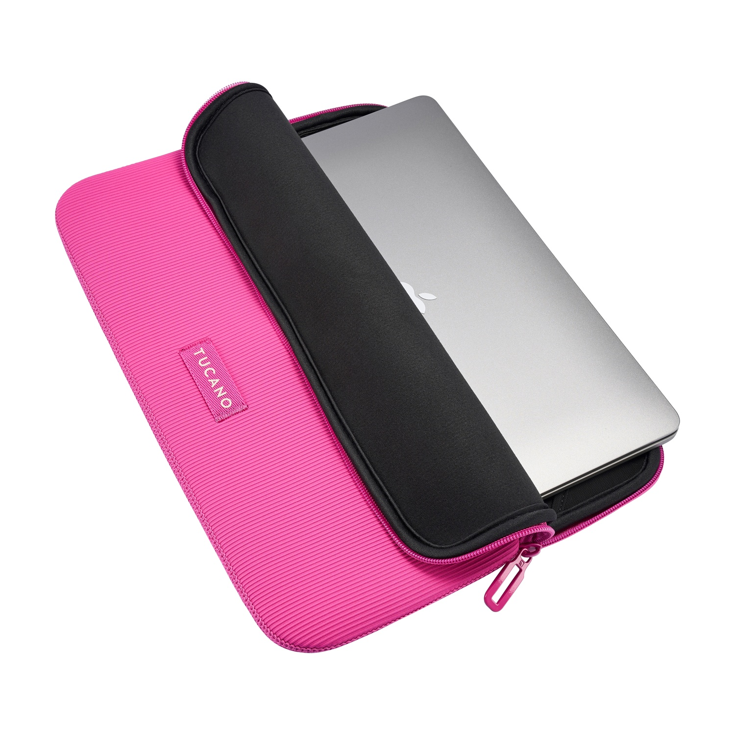 A silver laptop is partially in a bright pink laptop sleeve with a black lining.
