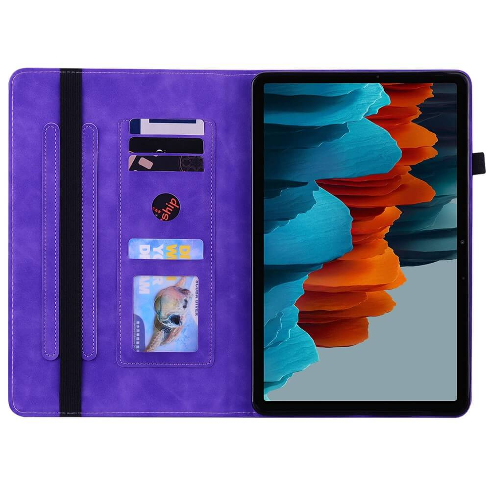 Lila Tablet-Hülle mit Kartenfächern und einem Tablet mit bunten Wellen auf dem Bildschirm.