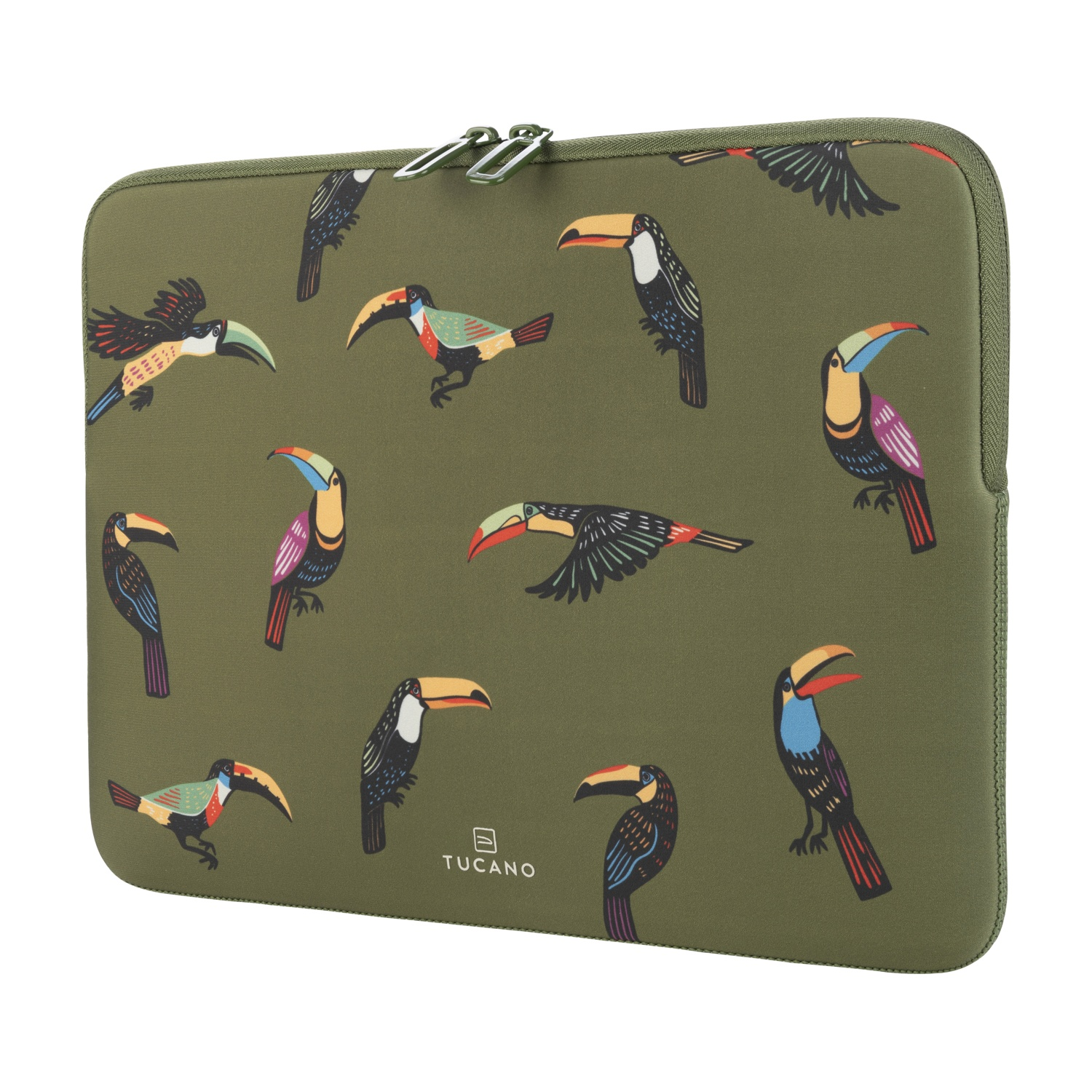 Custodia verde per laptop con fantasia di tucani colorati e zip.