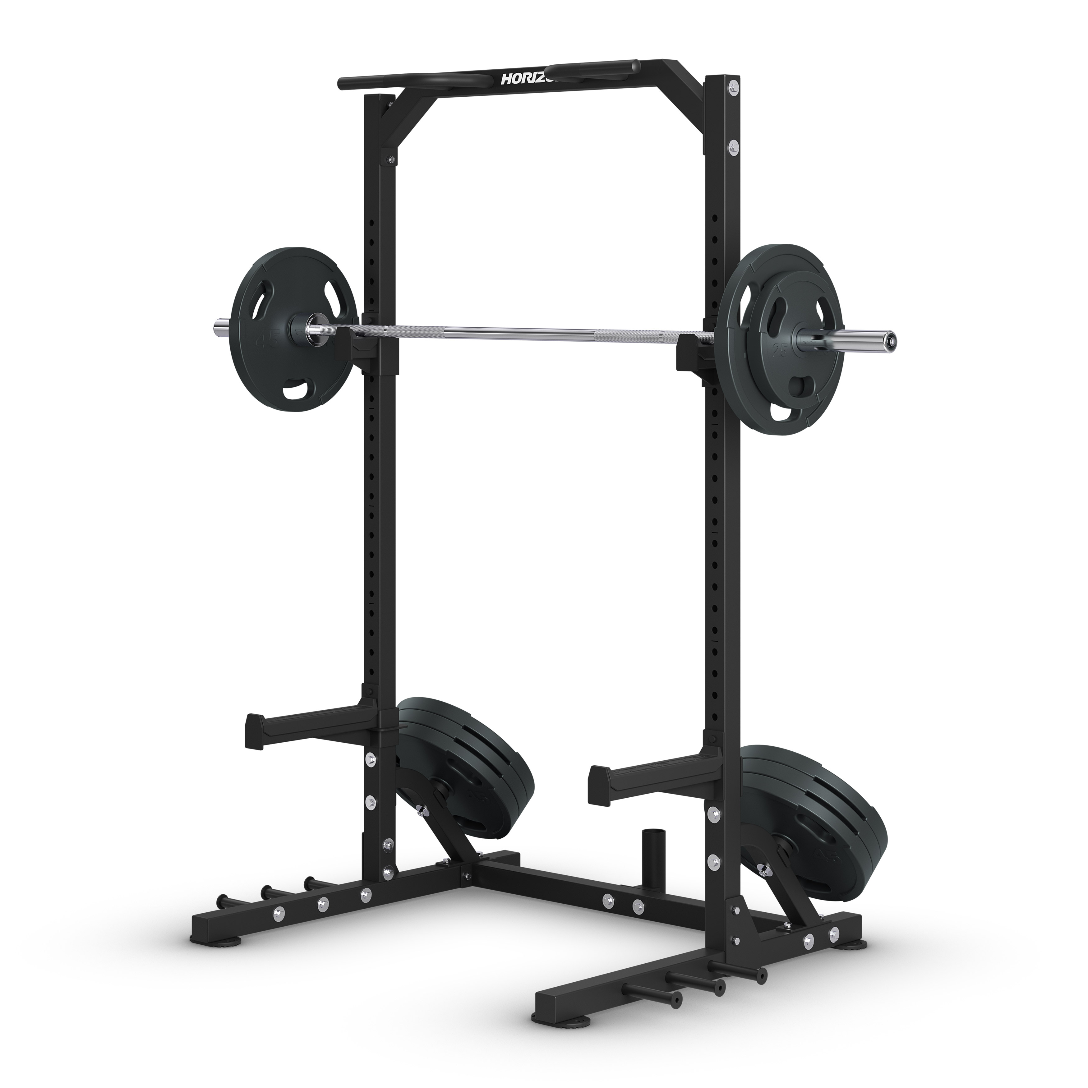 Rack de pesas negro con barra y discos, fondo blanco.