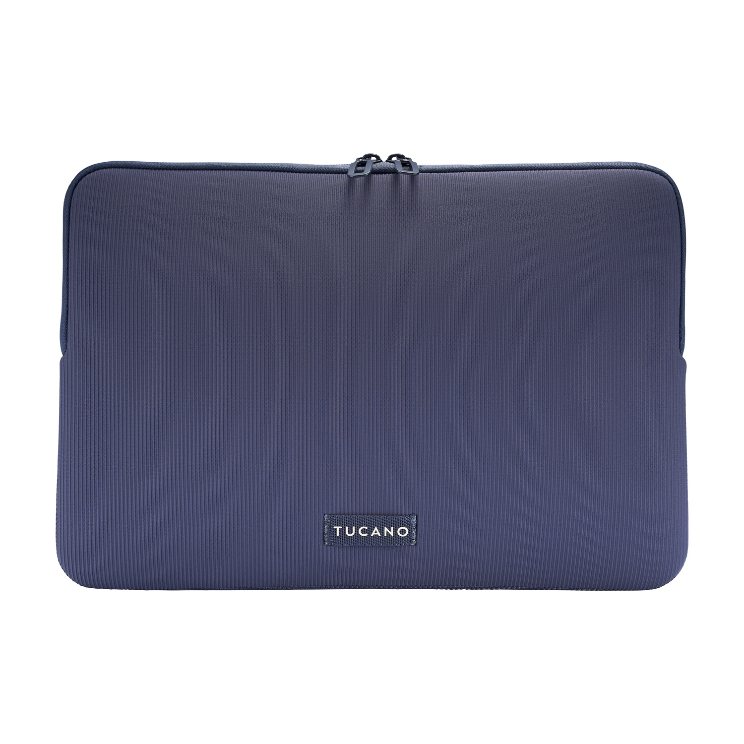 Dunkelblaue Laptoptasche mit vertikalen Rillen und Reißverschluss.
