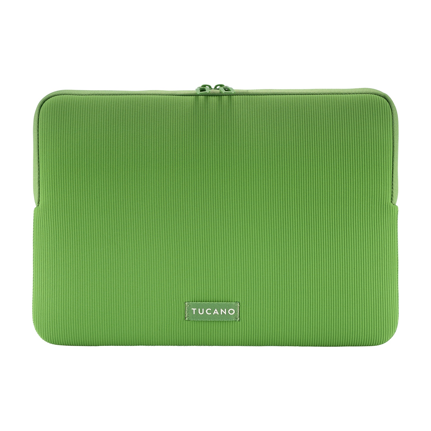 A green laptop sleeve with a zipper and vertical ribbing.