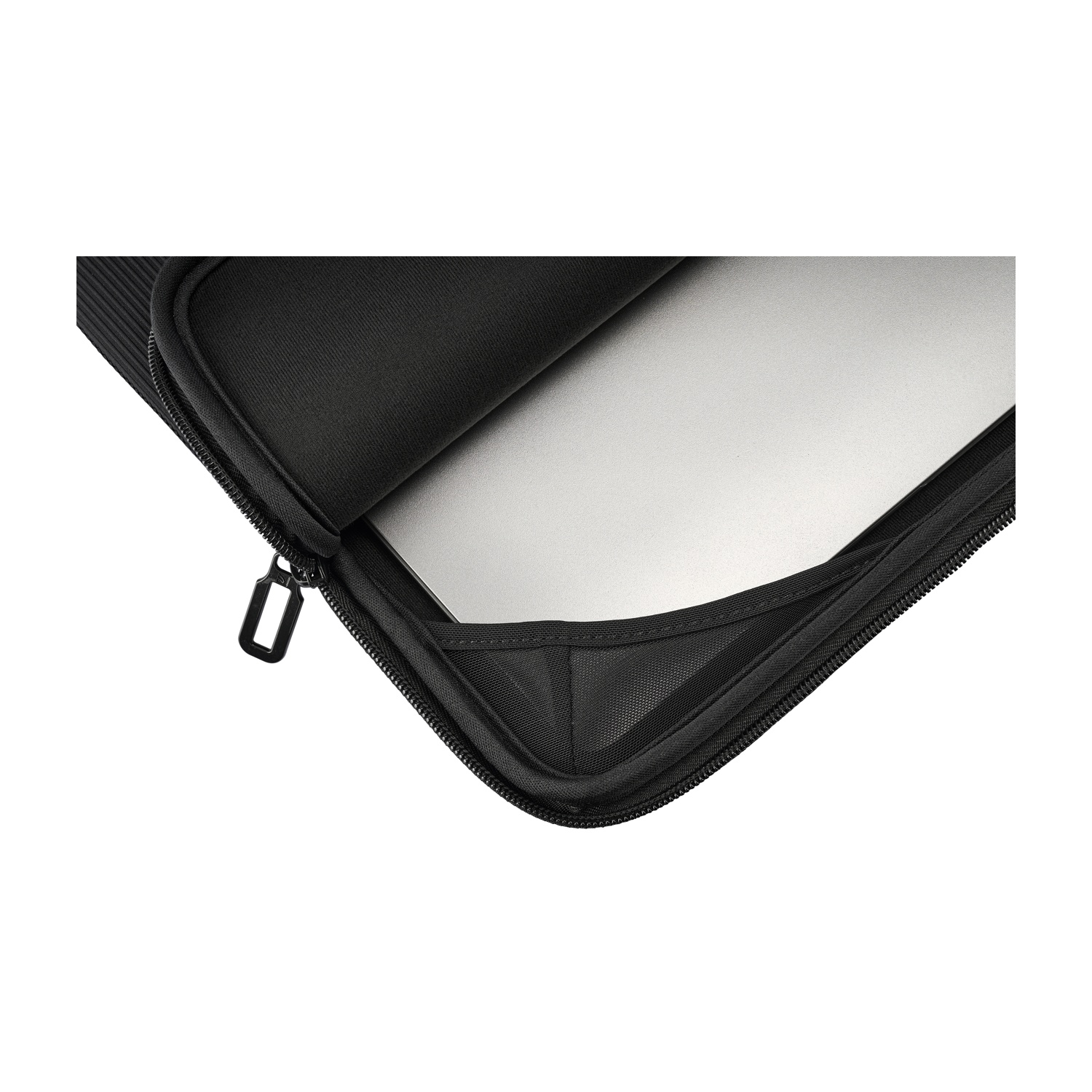 A laptop inside a black laptop sleeve with a zipper.