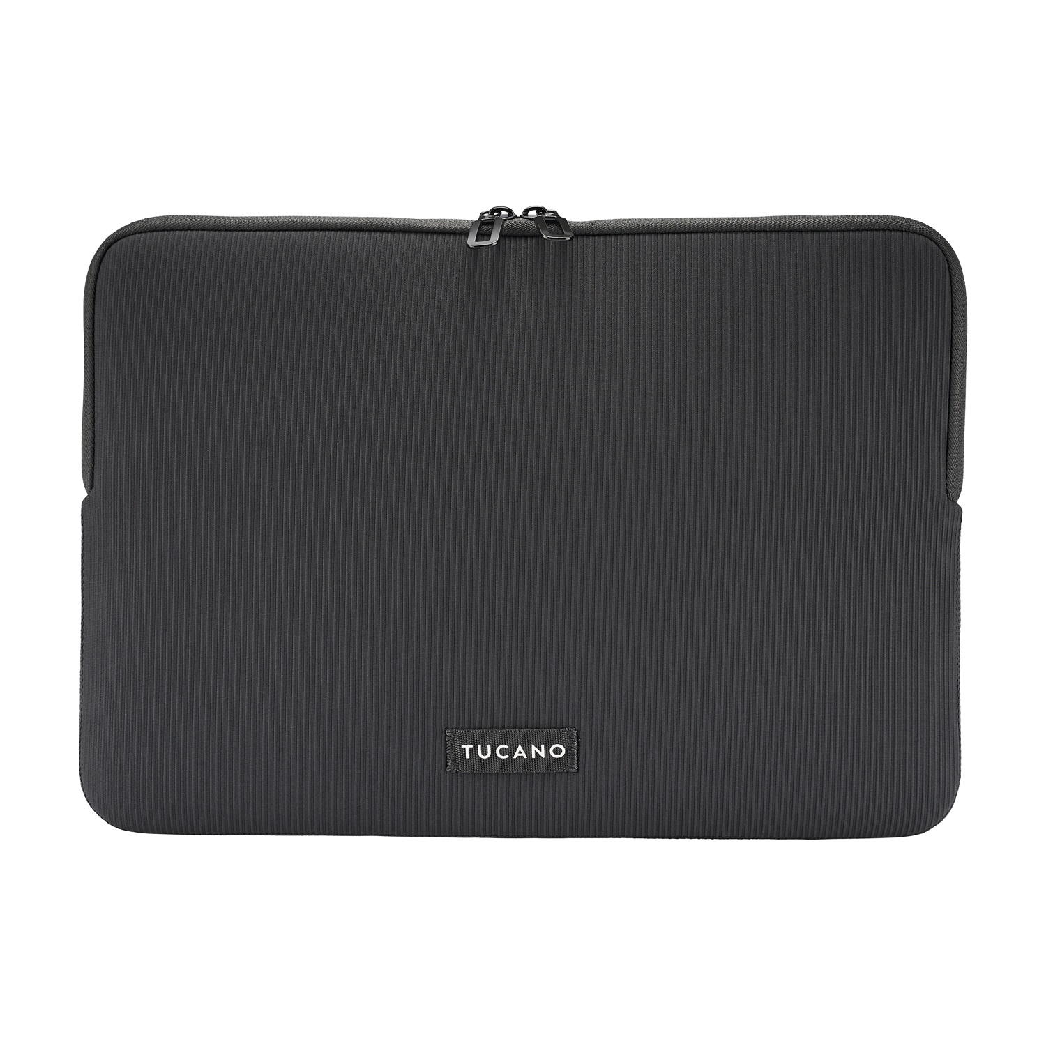Schwarze Laptoptasche mit vertikalen Rillen und Reißverschluss.