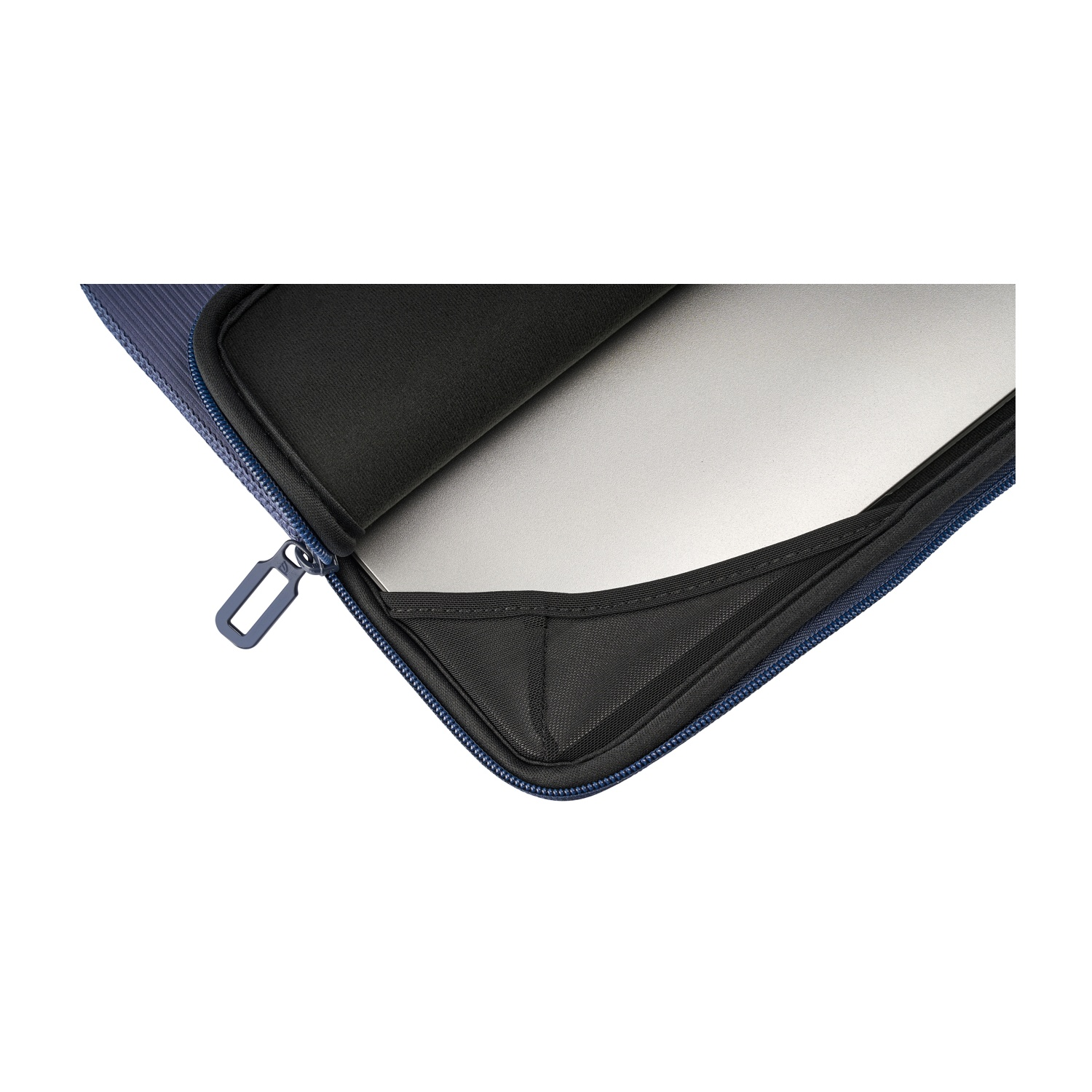 A blue laptop sleeve, partially open, revealing a portion of a laptop inside.