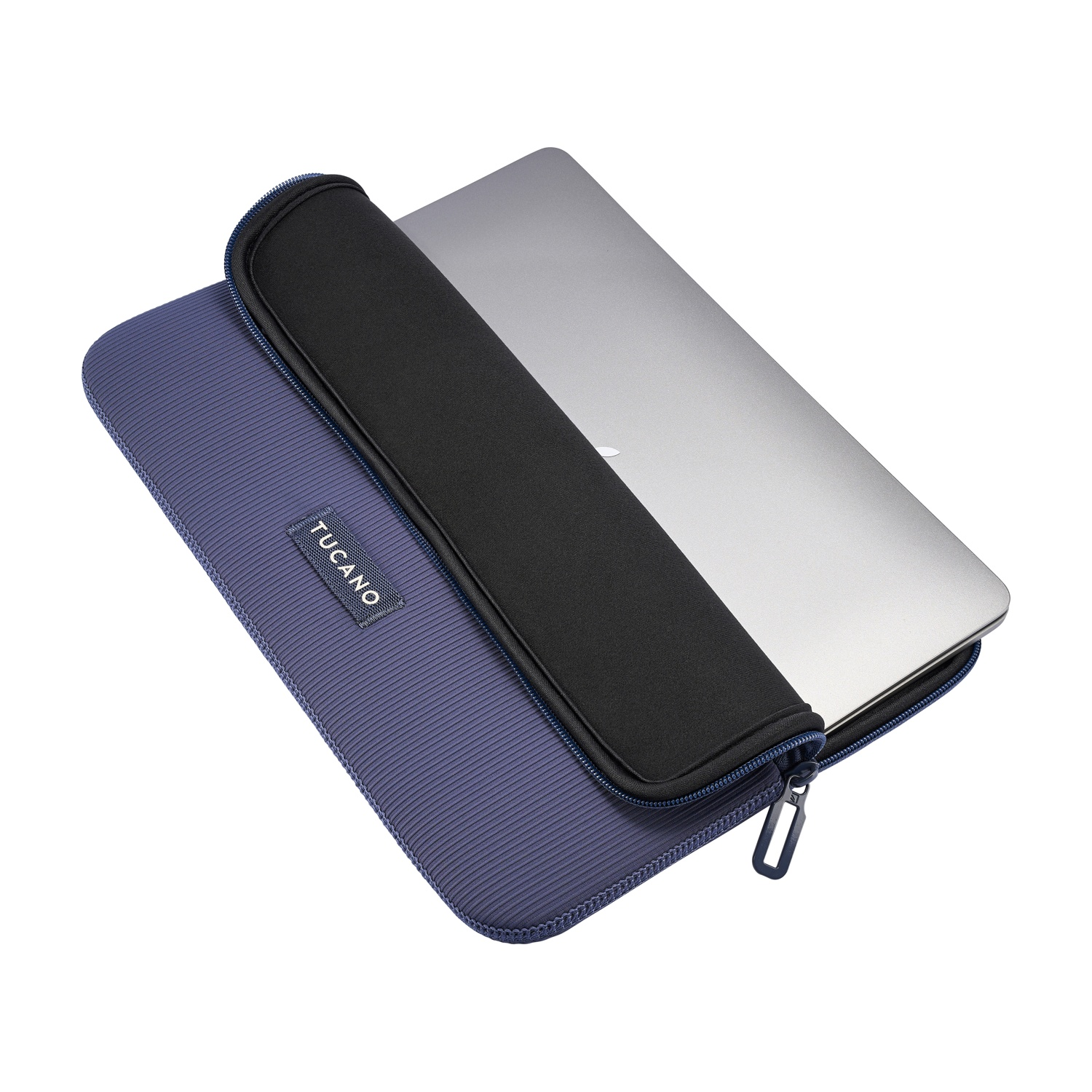 Gray laptop in a dark blue Tucano sleeve with zipper.