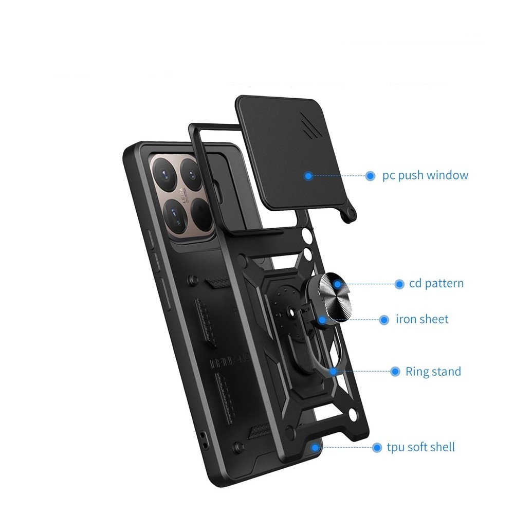 Halkalı tutuculu ve koruyucu kaydırıcılı siyah telefon kılıfının patlatılmış görünümü.