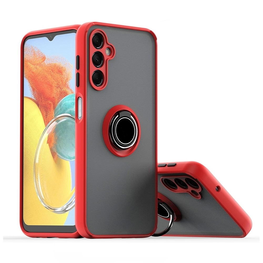 Kırmızı kenarlı gri telefon kılıfı, halka tutucu ve üç kamera.