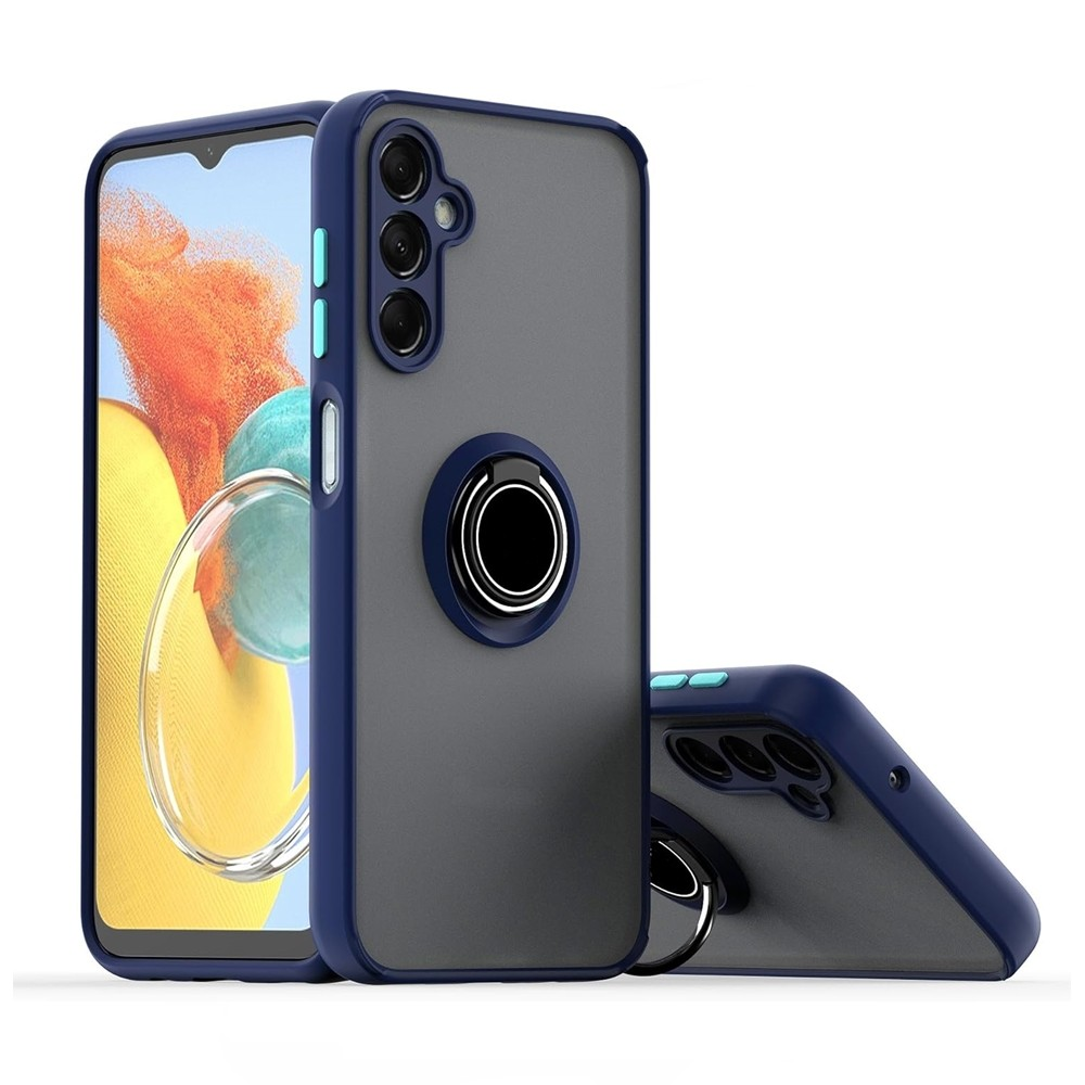 Mavi kenarlı, halka tutuculu, üç kameralı gri telefon kılıfı.
