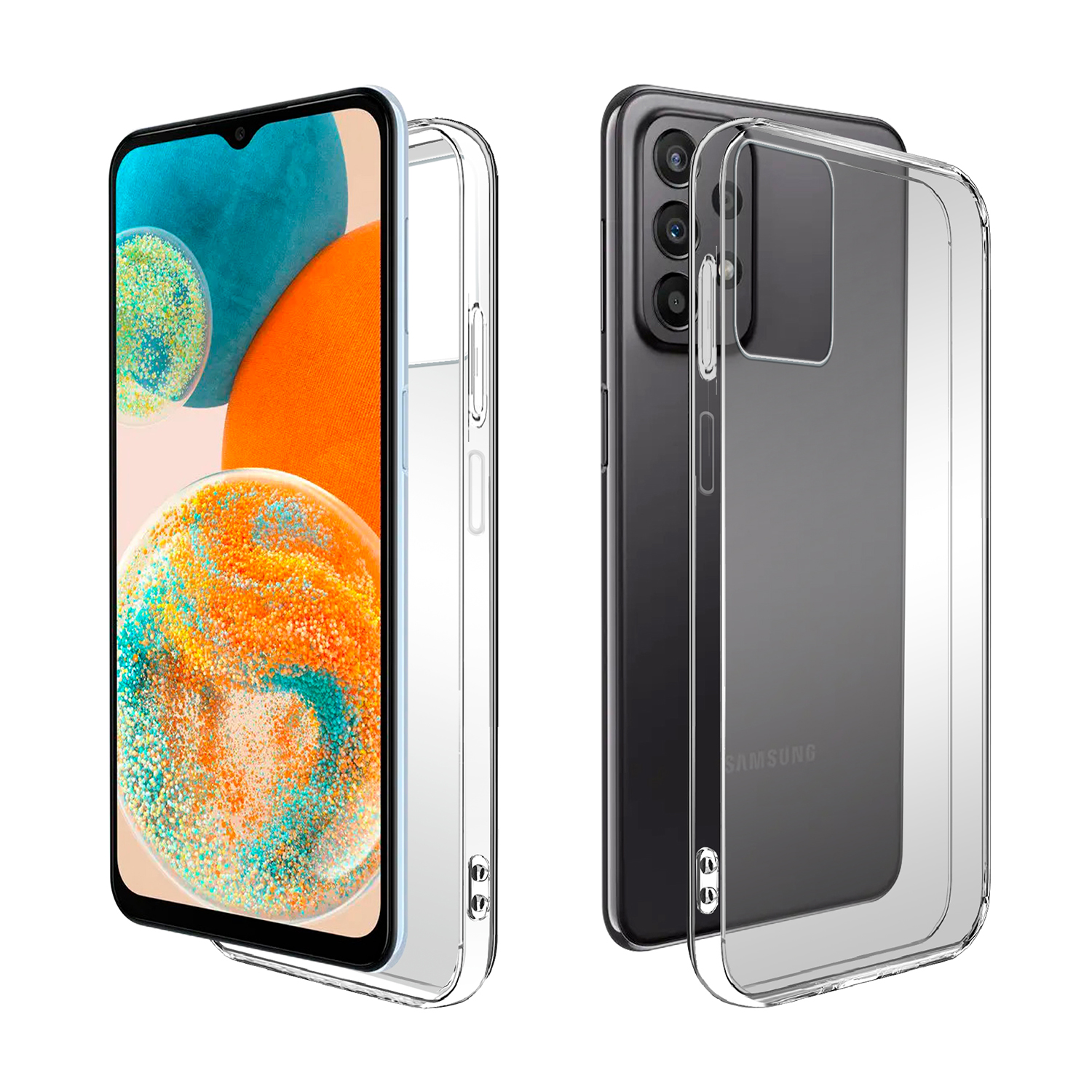 Una cover trasparente avvolge uno smartphone con tre fotocamere.