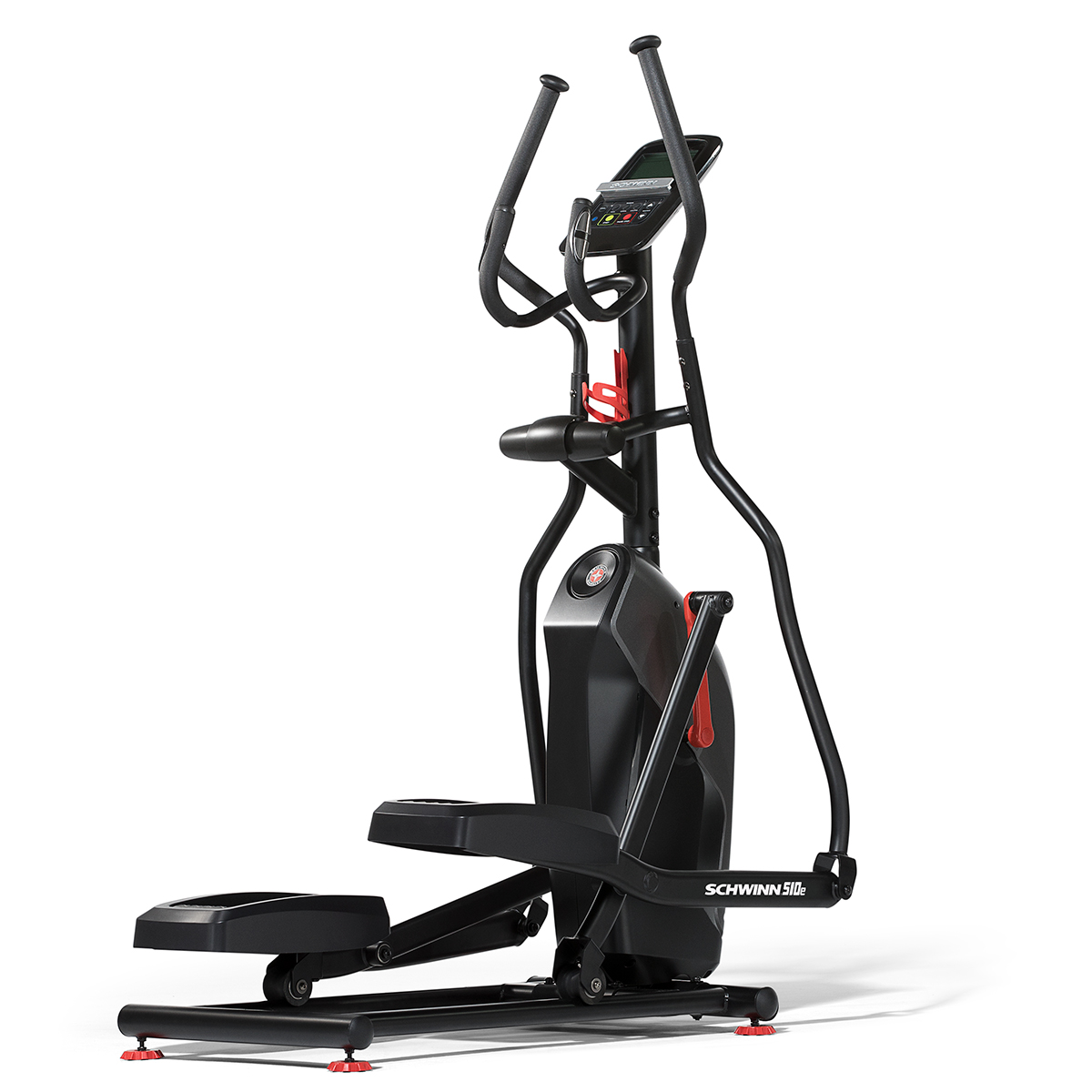 Máquina elíptica negra con acentos rojos, consola y manillares móviles.