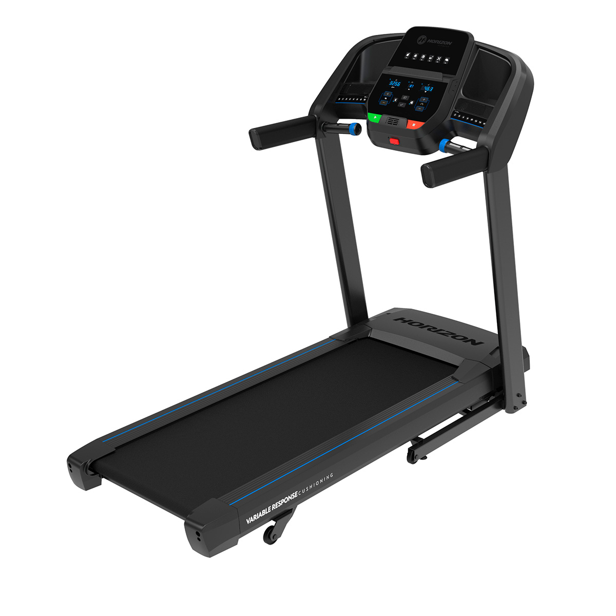 Cinta de correr negra con acento azul y consola digital.