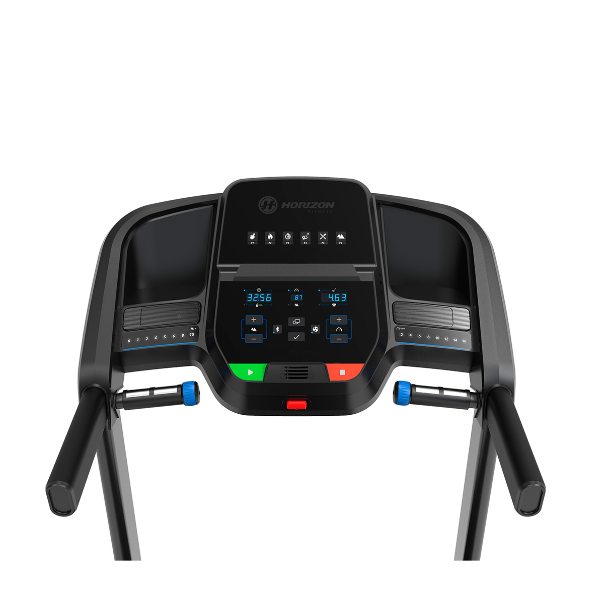 Consola negra de cinta de correr con controles, números e iconos.