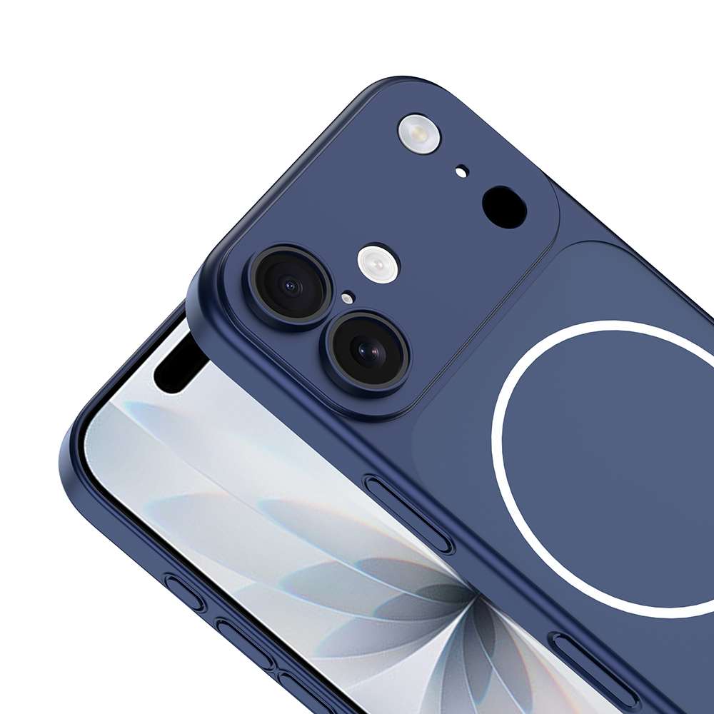 İki kameralı ve flaşlı lacivert telefon kılıfı. Arkada beyaz daire.