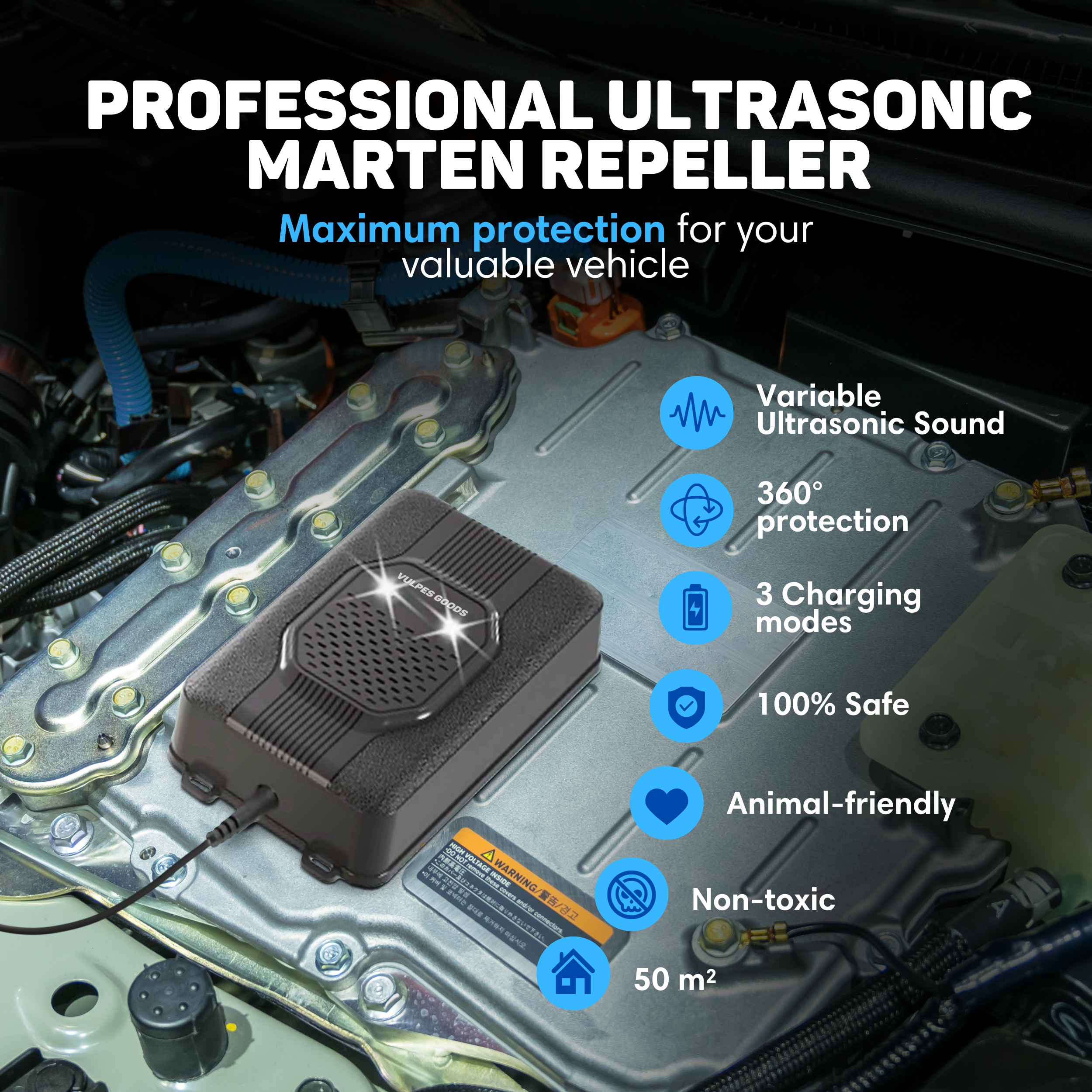 Ein Ultraschall-Marderabwehrgerät, das auf einem Fahrzeugmotor montiert ist.
