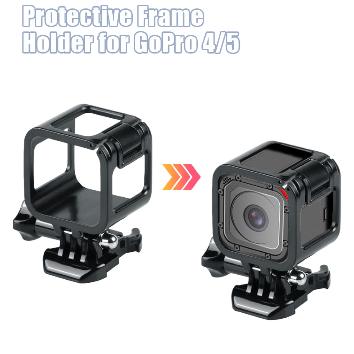 Czarna ramka ochronna do GoPro 4/5 obok kamery GoPro.