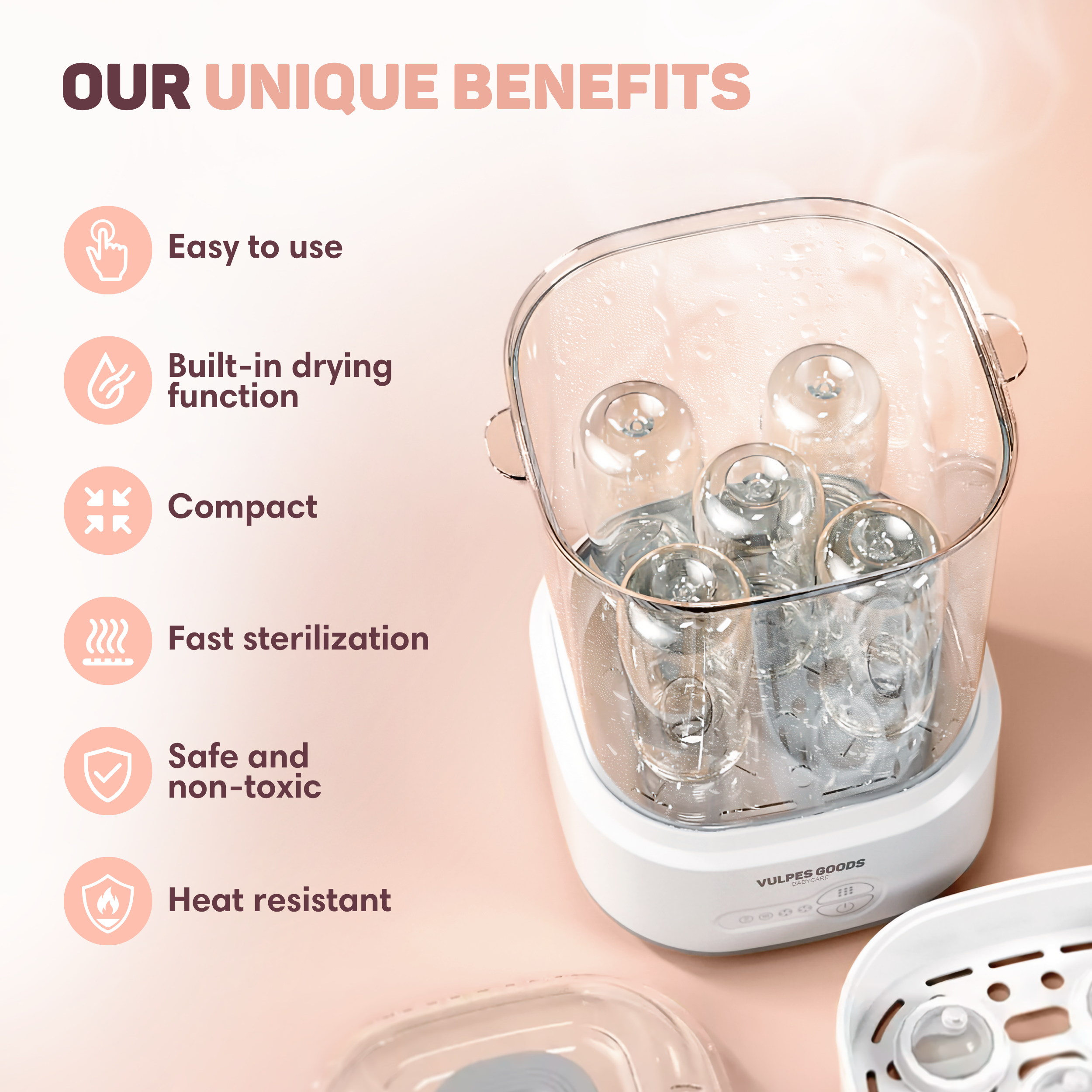 Dampfsterilisator für Babyflaschen mit transparentem Deckel und mehreren Flaschen im Inneren.