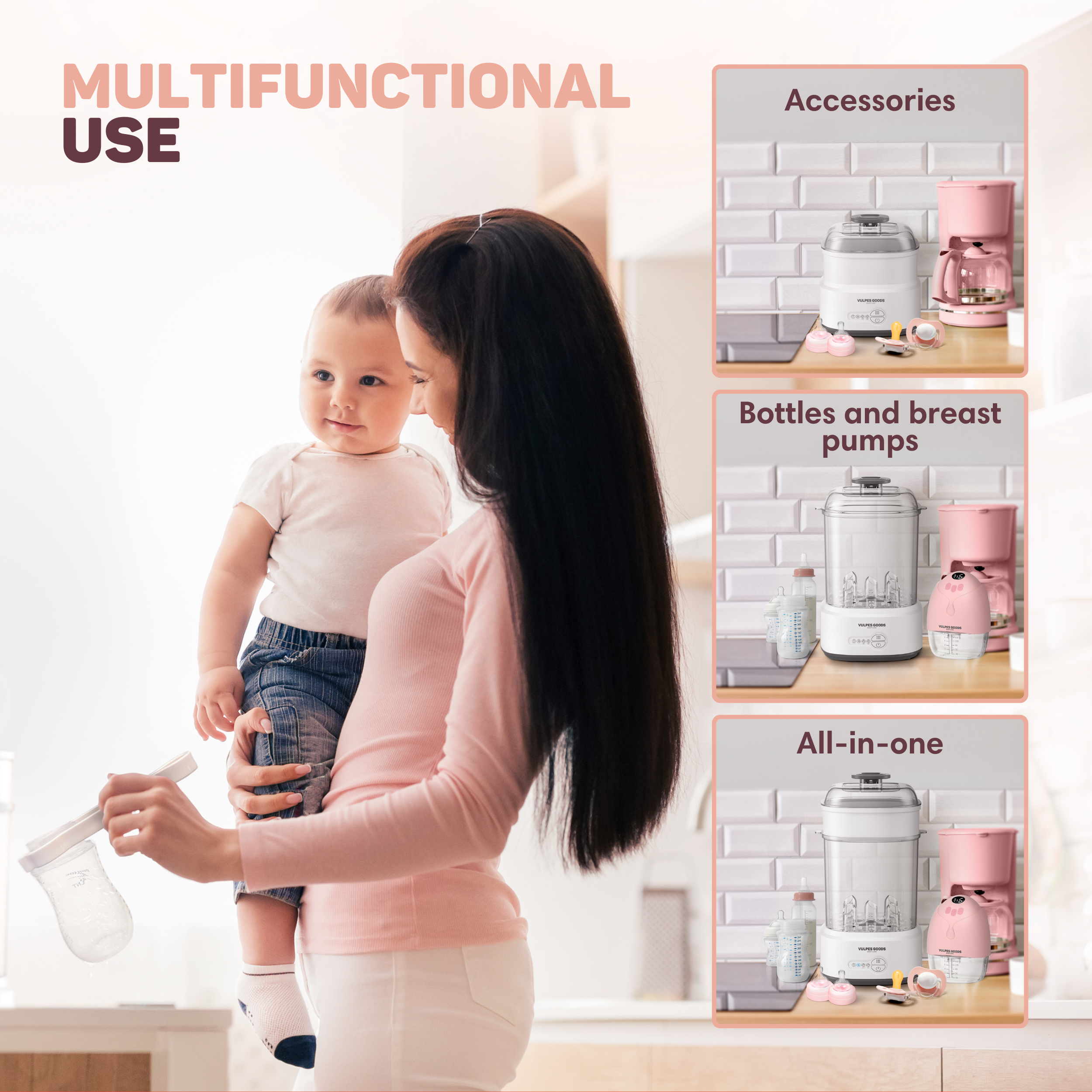 Eine Mutter hält ein Baby. Daneben sind Babyflaschen, ein Dampfgarer und eine Kaffeemaschine.