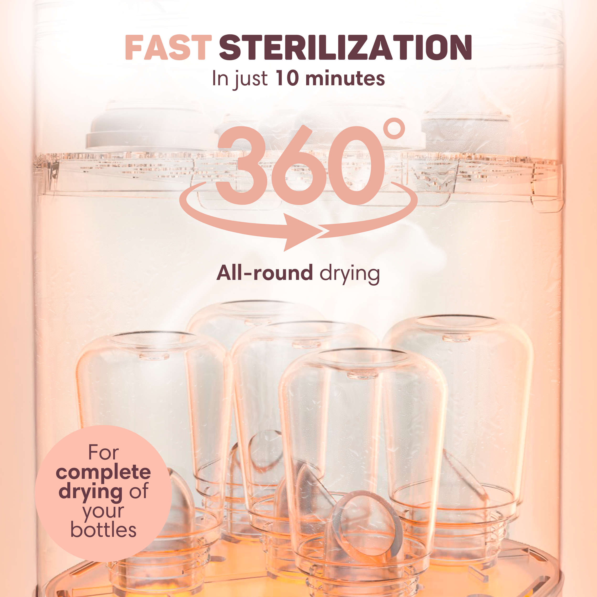 Sterilisator mit Babyflaschen, mit 360°-Rundumtrocknung.