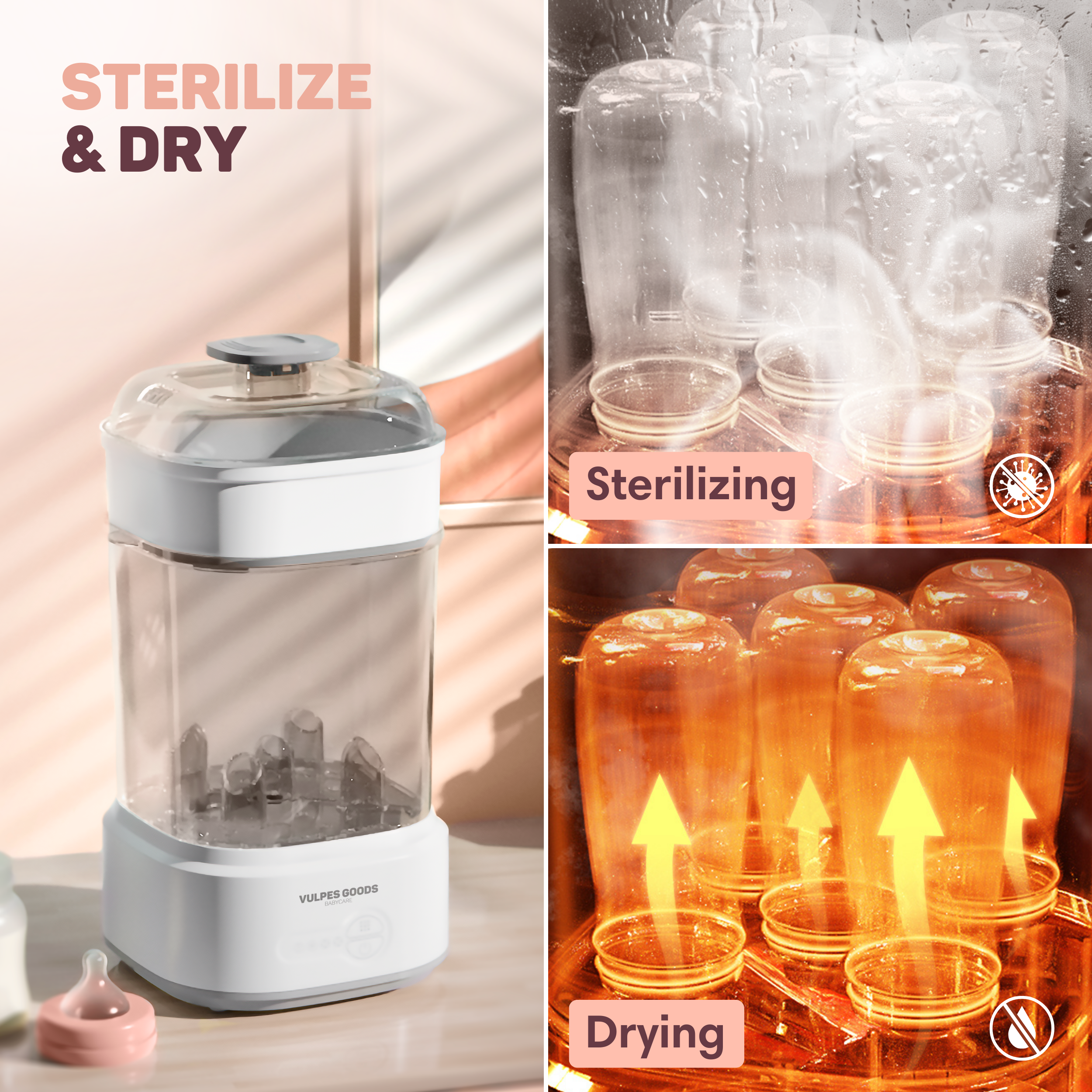 Ein Sterilisator für Babyflaschen mit Glasbehältern im Sterilisations- und Trocknungsmodus.