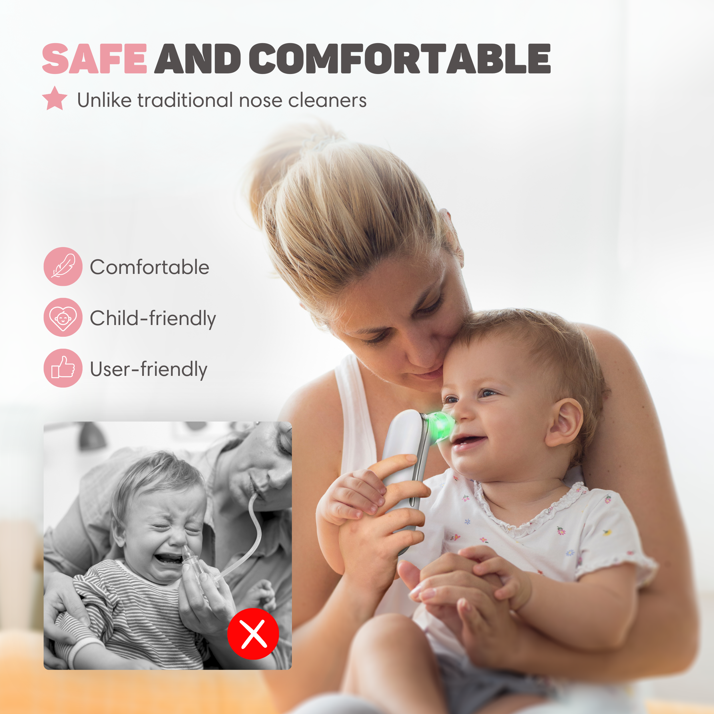 Mutter benutzt Nasensauger bei Baby. Links Baby weint mit altem Sauger. Rechts Baby lächelt.