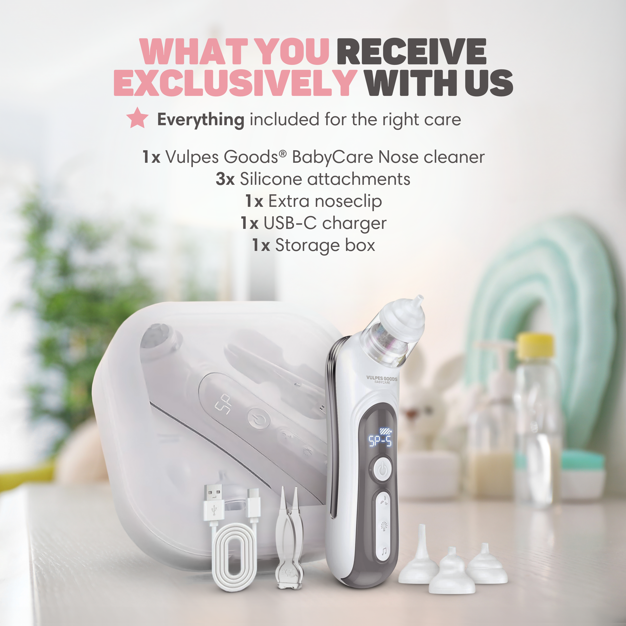 Baby-Nasensauger-Set mit USB-Kabel, Zange, Aufsätzen und Aufbewahrungsbox.