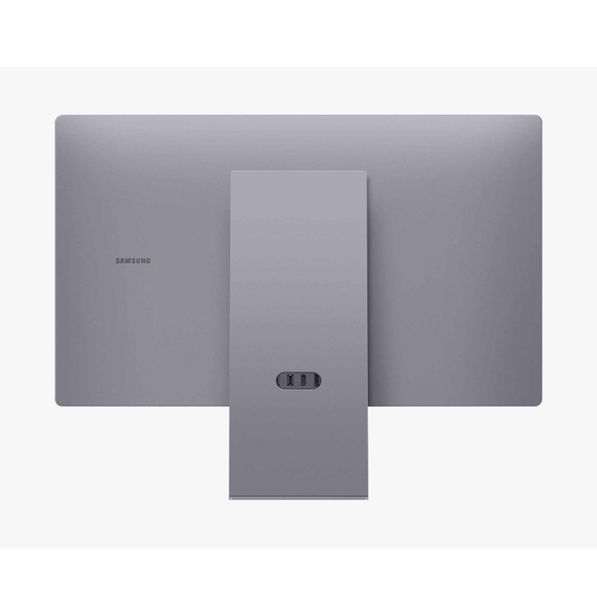 Tył szarego monitora Samsung ze stojakiem i portami.