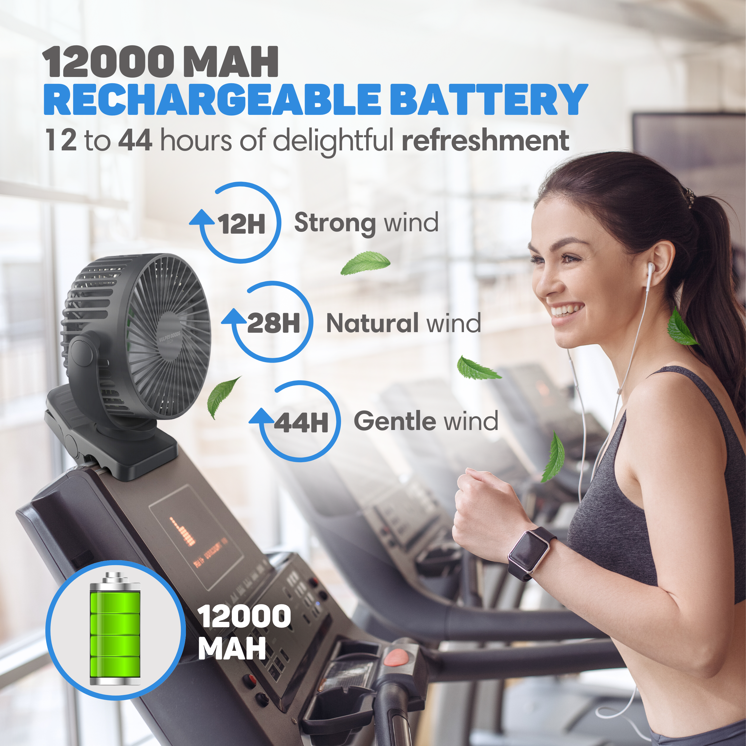 Een oplaadbare ventilator van 12000 mAh op een loopband naast een lachende vrouw.
