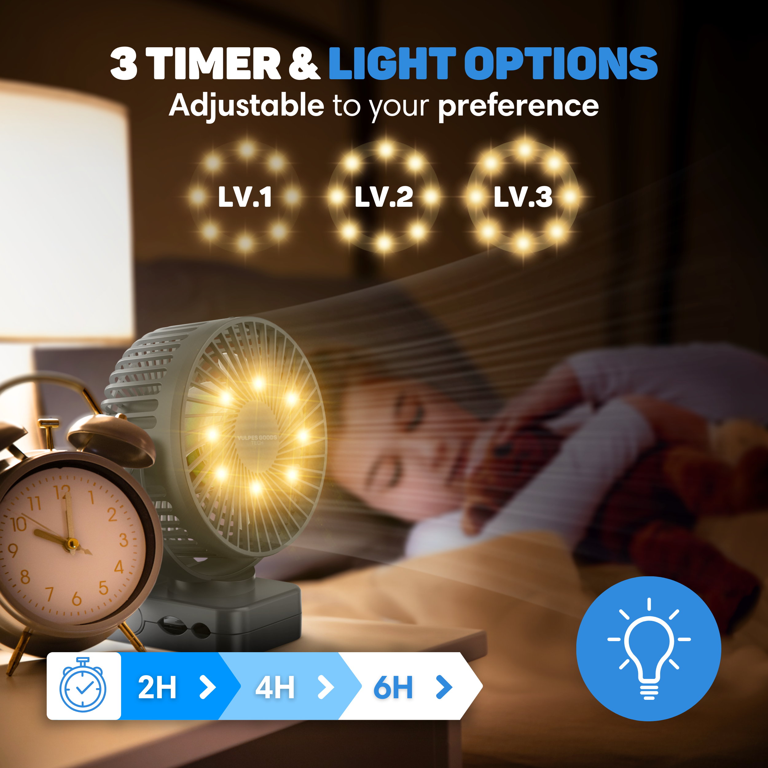 Een nachtkastje met ventilator, wekker en timeropties.