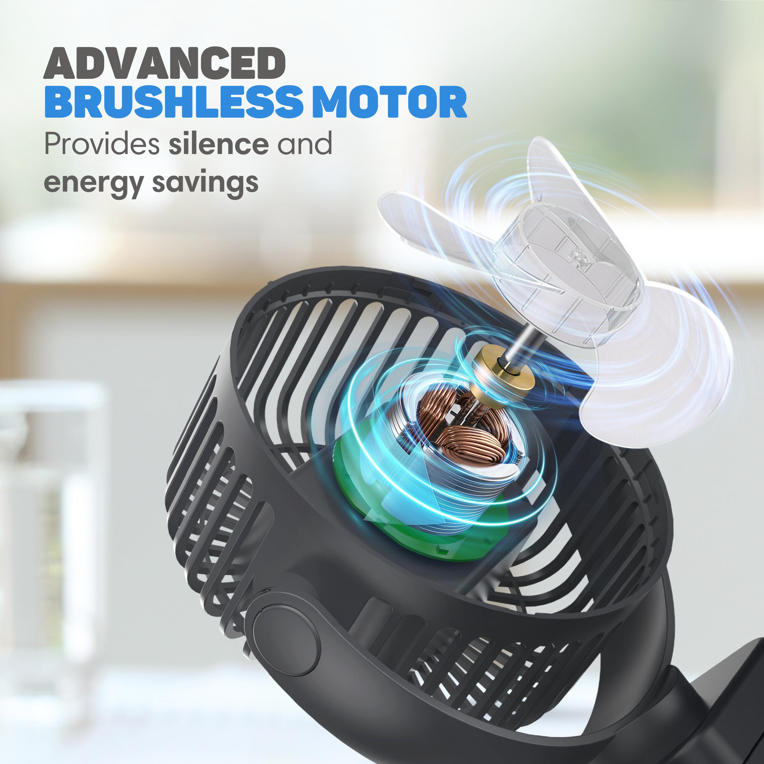 Close-up van een ventilator motor met koperen wikkelingen en blauwe energie-effect graphics.