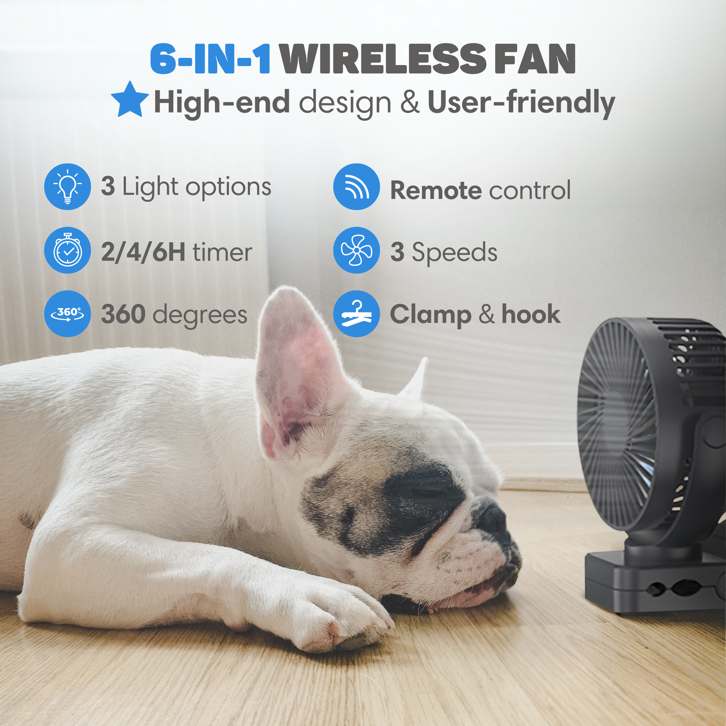 Ein französischer Bulldogge schläft neben einem schwarzen Ventilator.