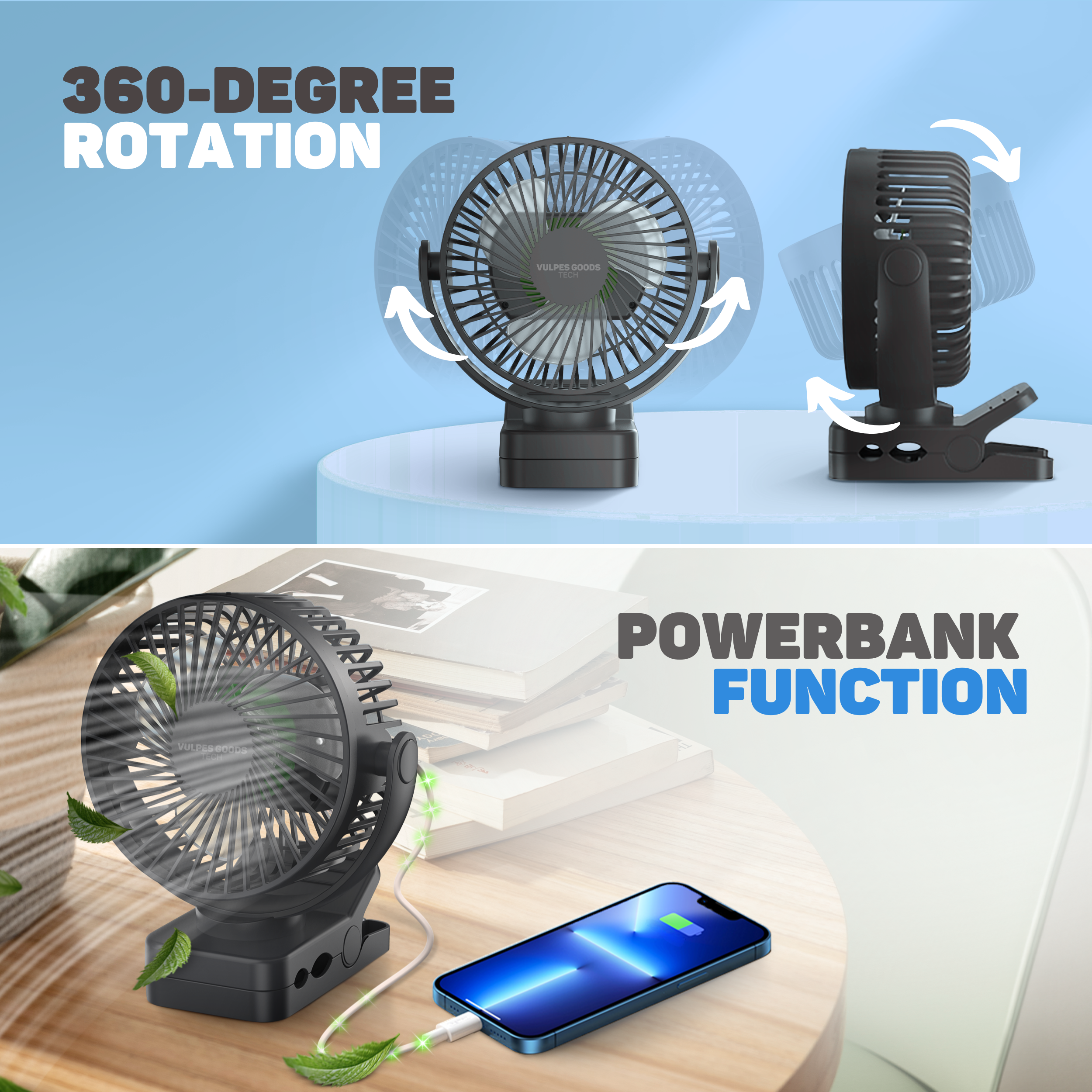 Een draagbare ventilator met 360 graden rotatie en powerbank functie, laadt een telefoon op.