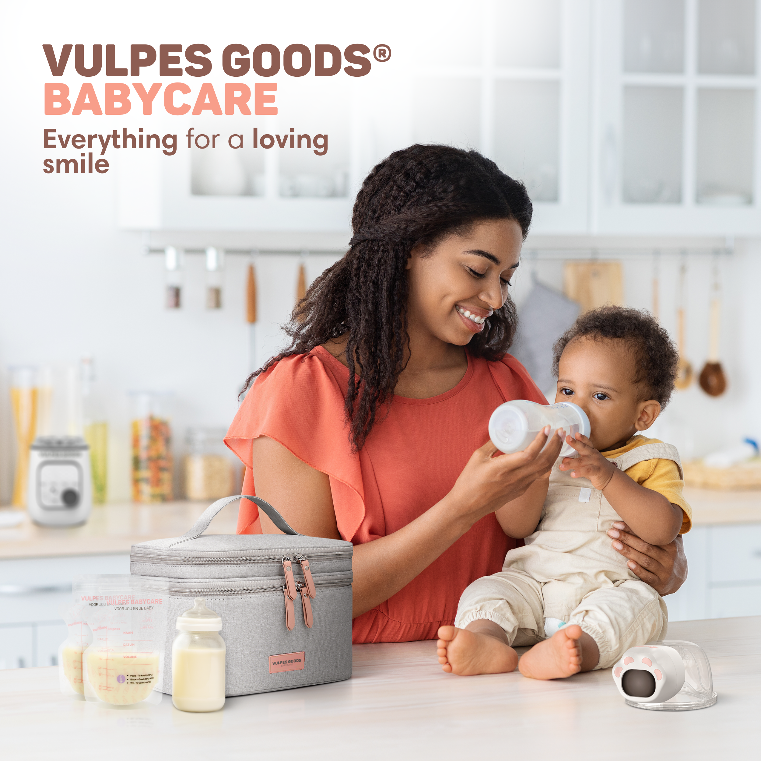 A woman feeds a baby from a bottle in a kitchen with baby care items.