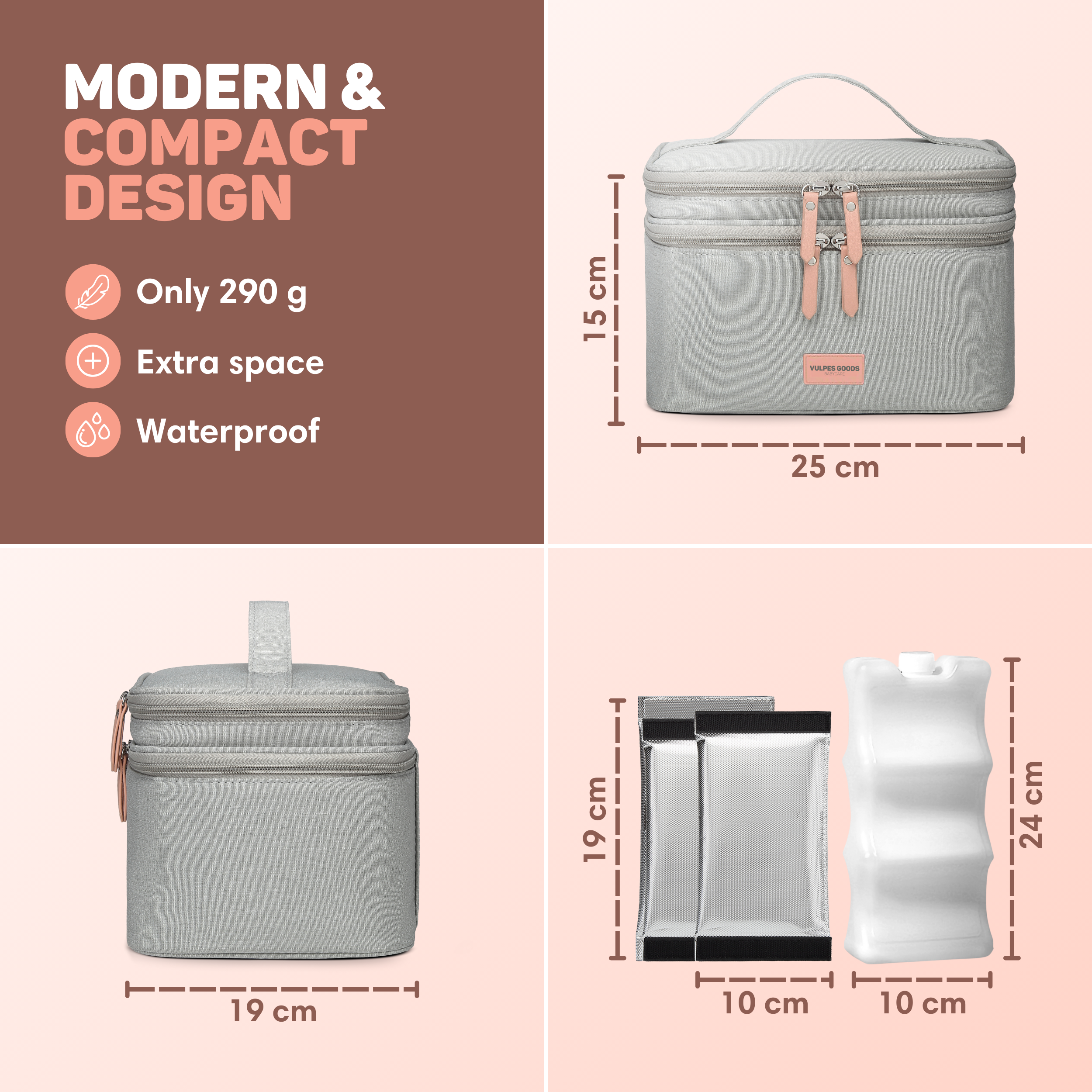 Gray zippered bag, dimensions 25x15 cm. Below: ice packs and insulated bag.