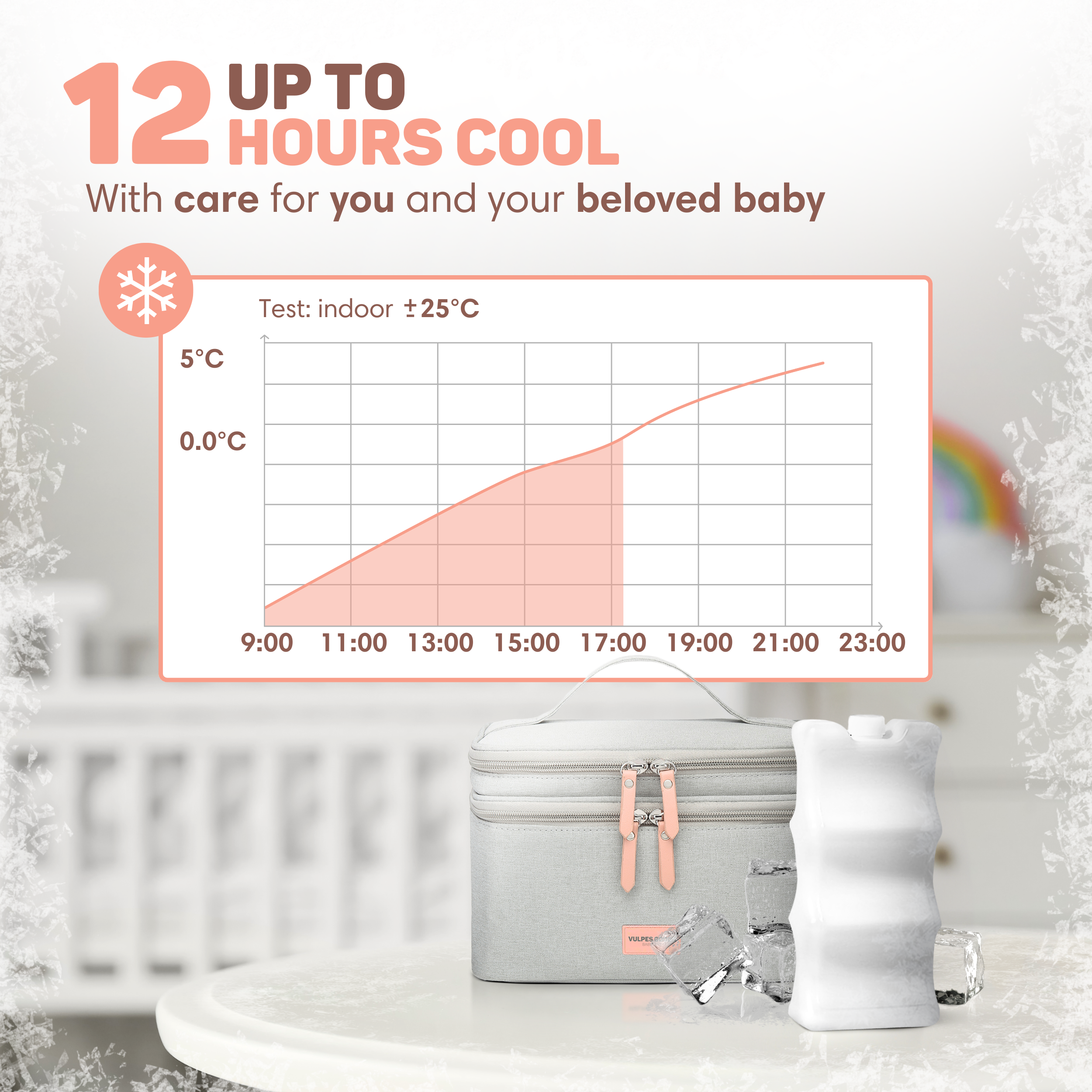 Gray cooler bag with ice crystal, graph, and text '12 Hours Cool'.