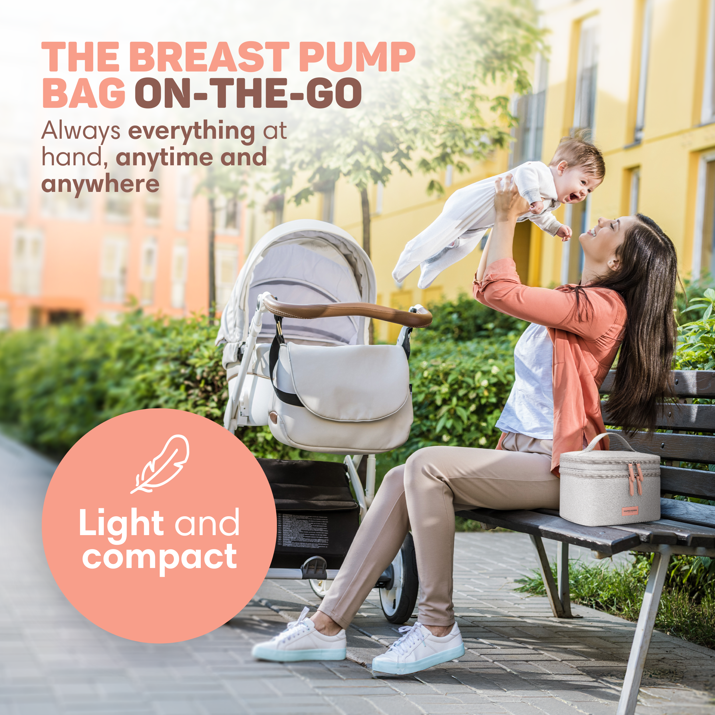 Mother holds baby up; stroller and bag nearby. Text: Light and compact.