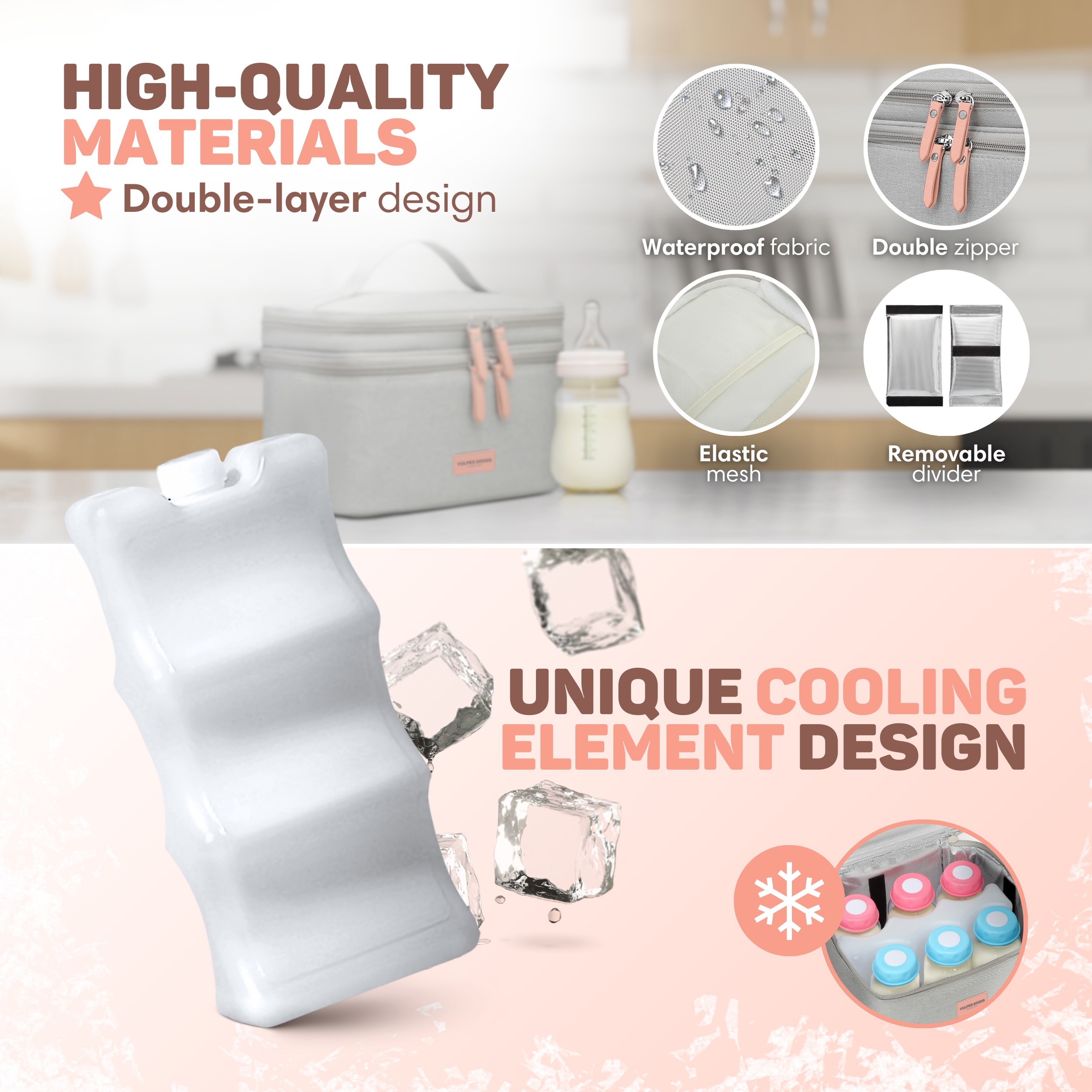 Gray cooler bag with bottles and ice packs. High-quality materials.
