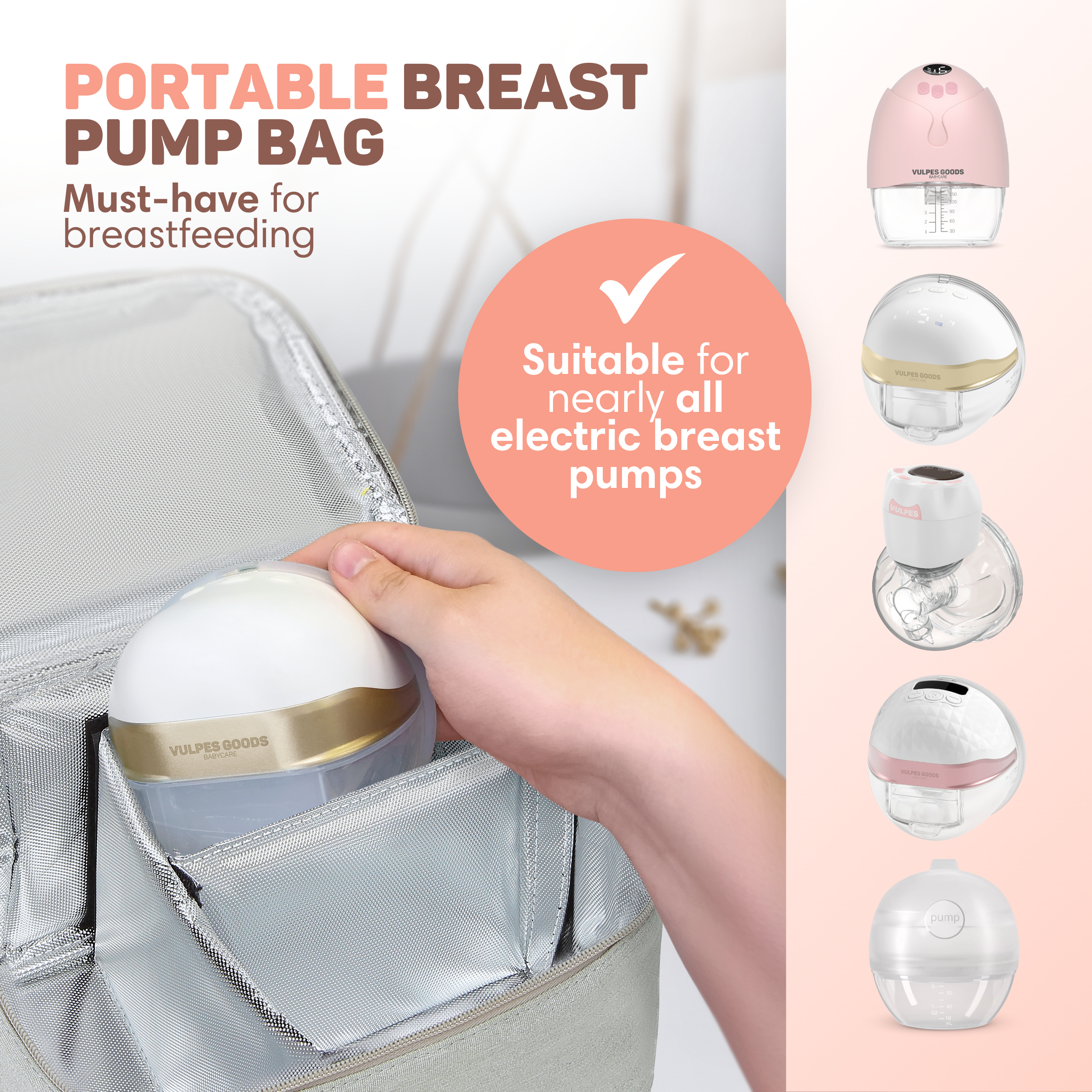 Portable breast pump bag with various pumps displayed beside it.
