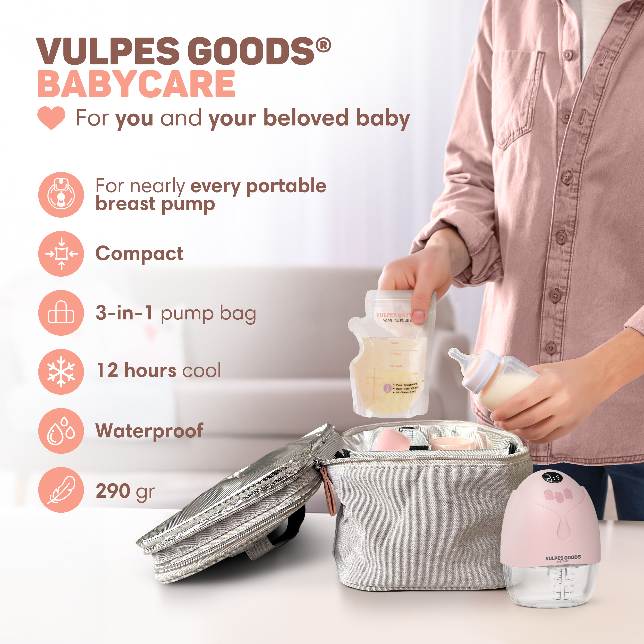 A person holds a baby bottle next to a breast pump and a gray bag.
